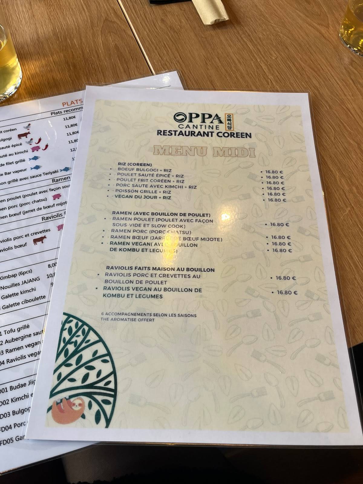 Menu de OPPA CANTINE