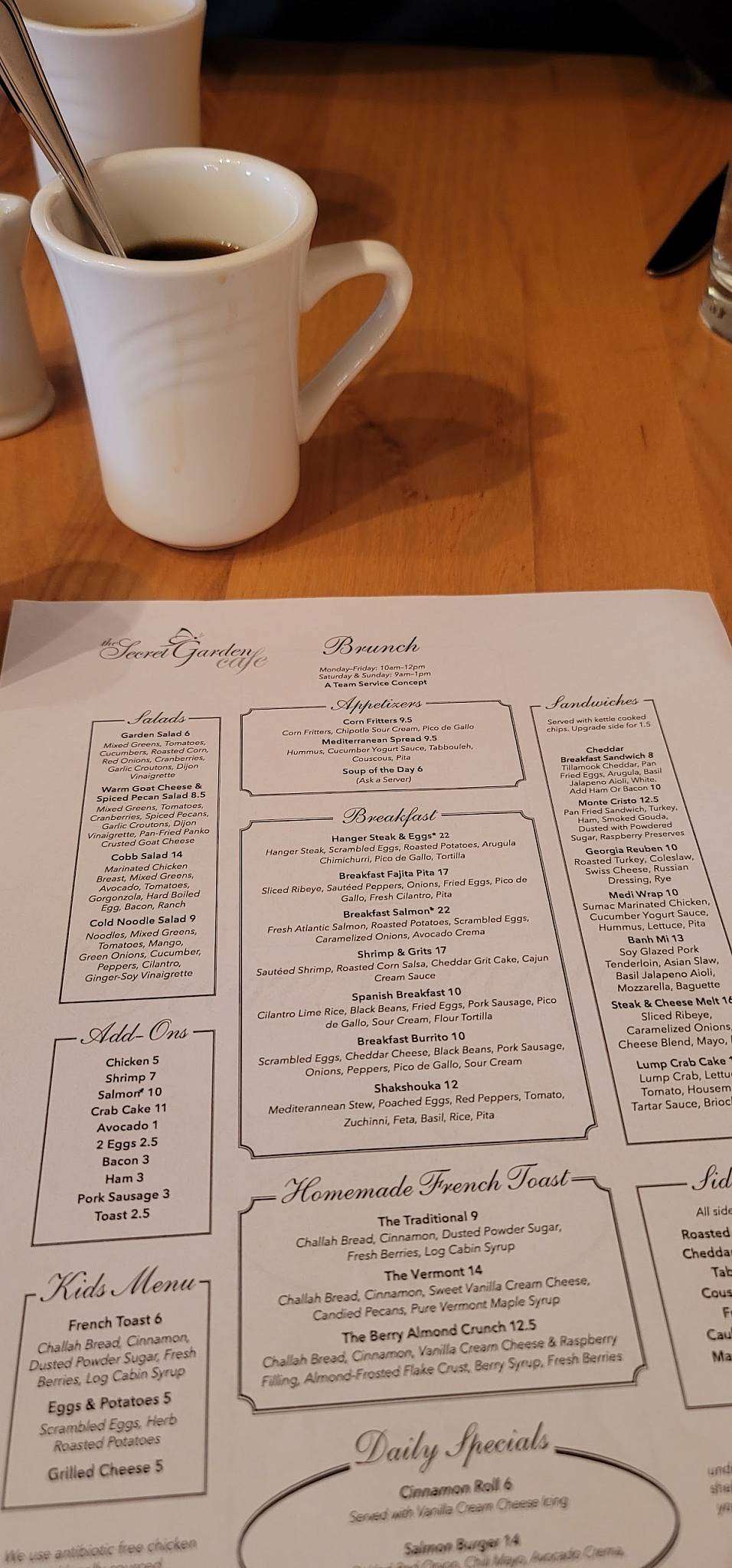 Menu at The Secret Garden Cafe, Occoquan