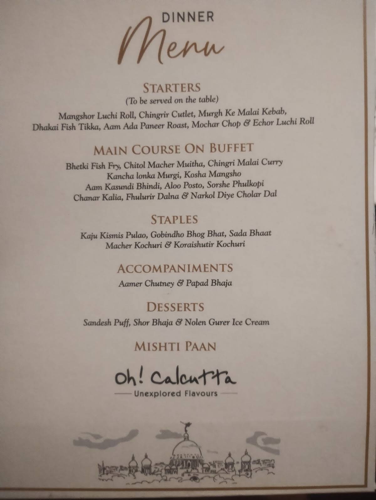 Oh! Calcutta Kolkata menu