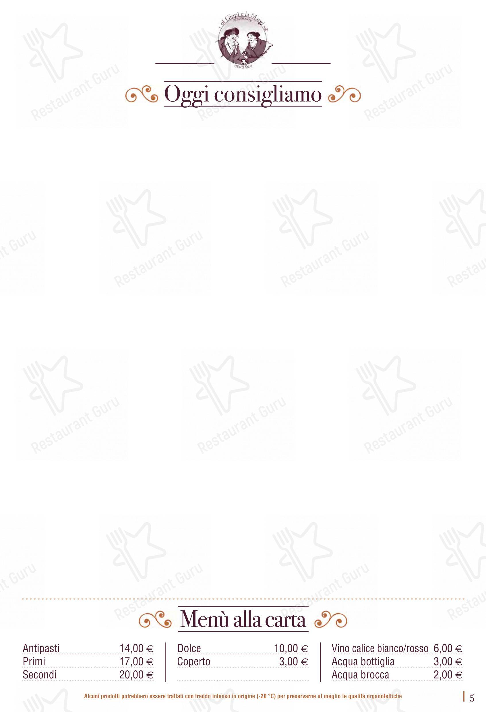 Menu per Ol Giopì e la Margi ristorante tipico bergamasco in Bergamo