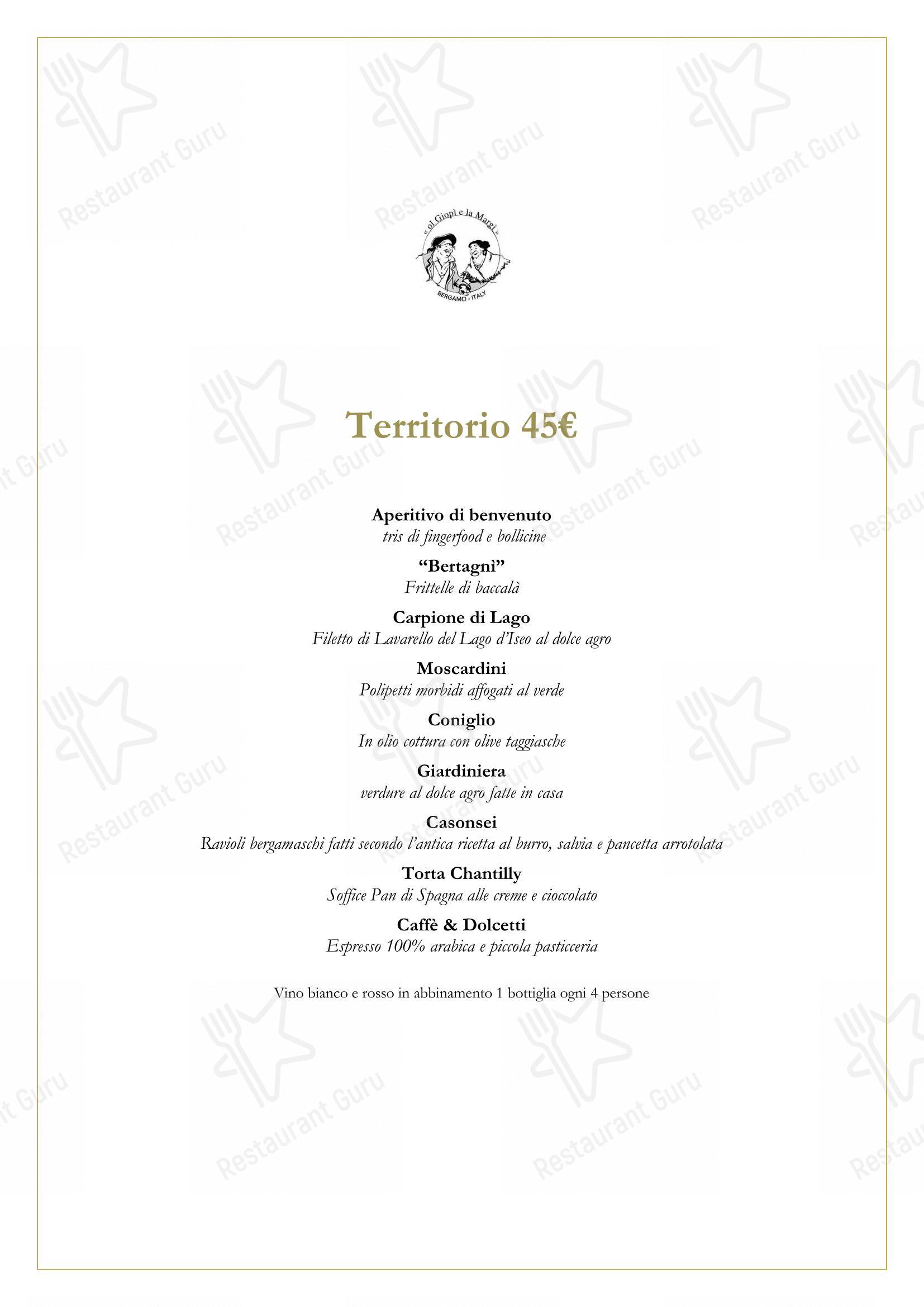 Menu bar per Ol Giopì e la Margi ristorante tipico bergamasco in Bergamo