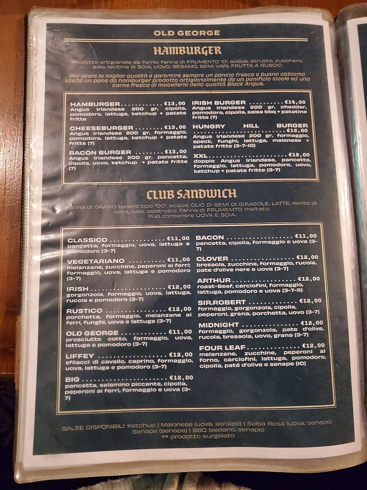 Menu de Old George Irish Pub