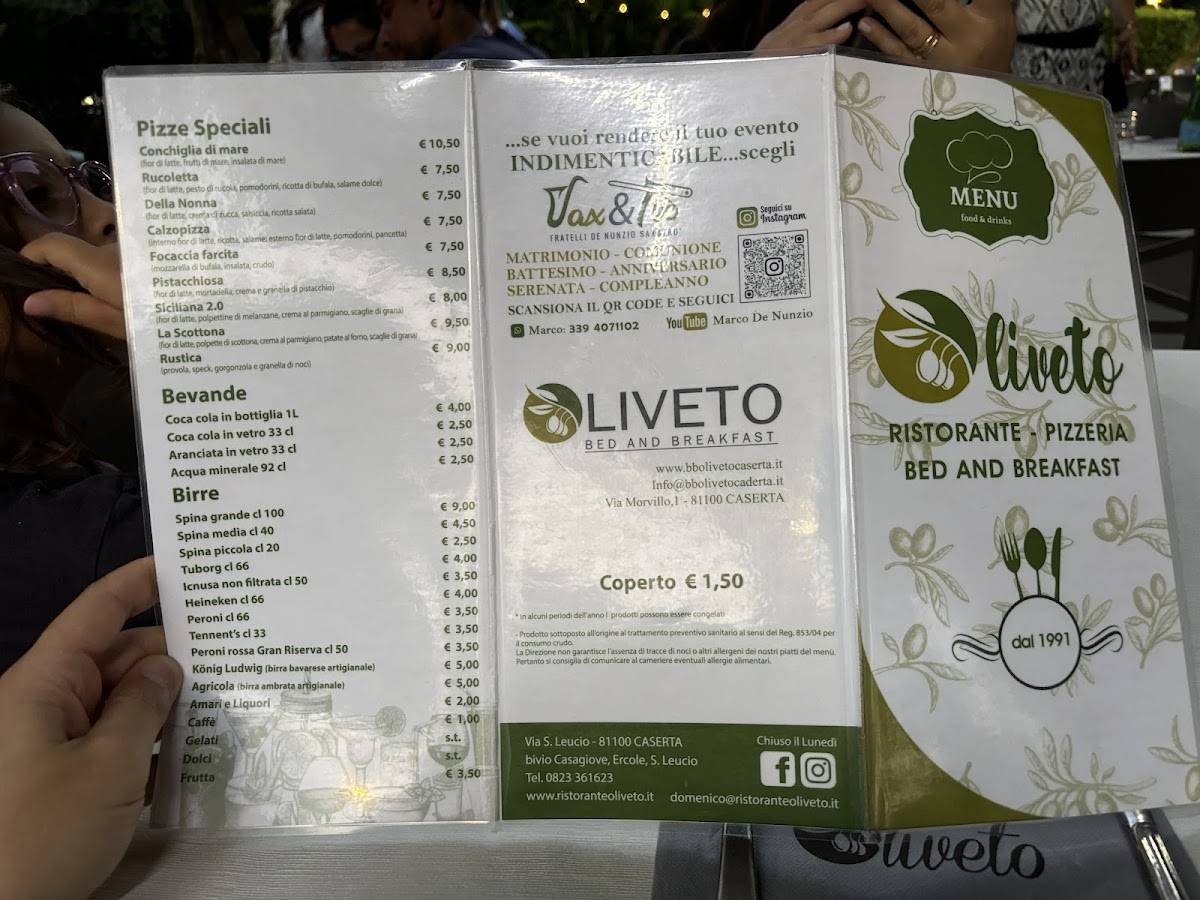 Menu di Oliveto ristorante pizzeria Bed and Breakfast 