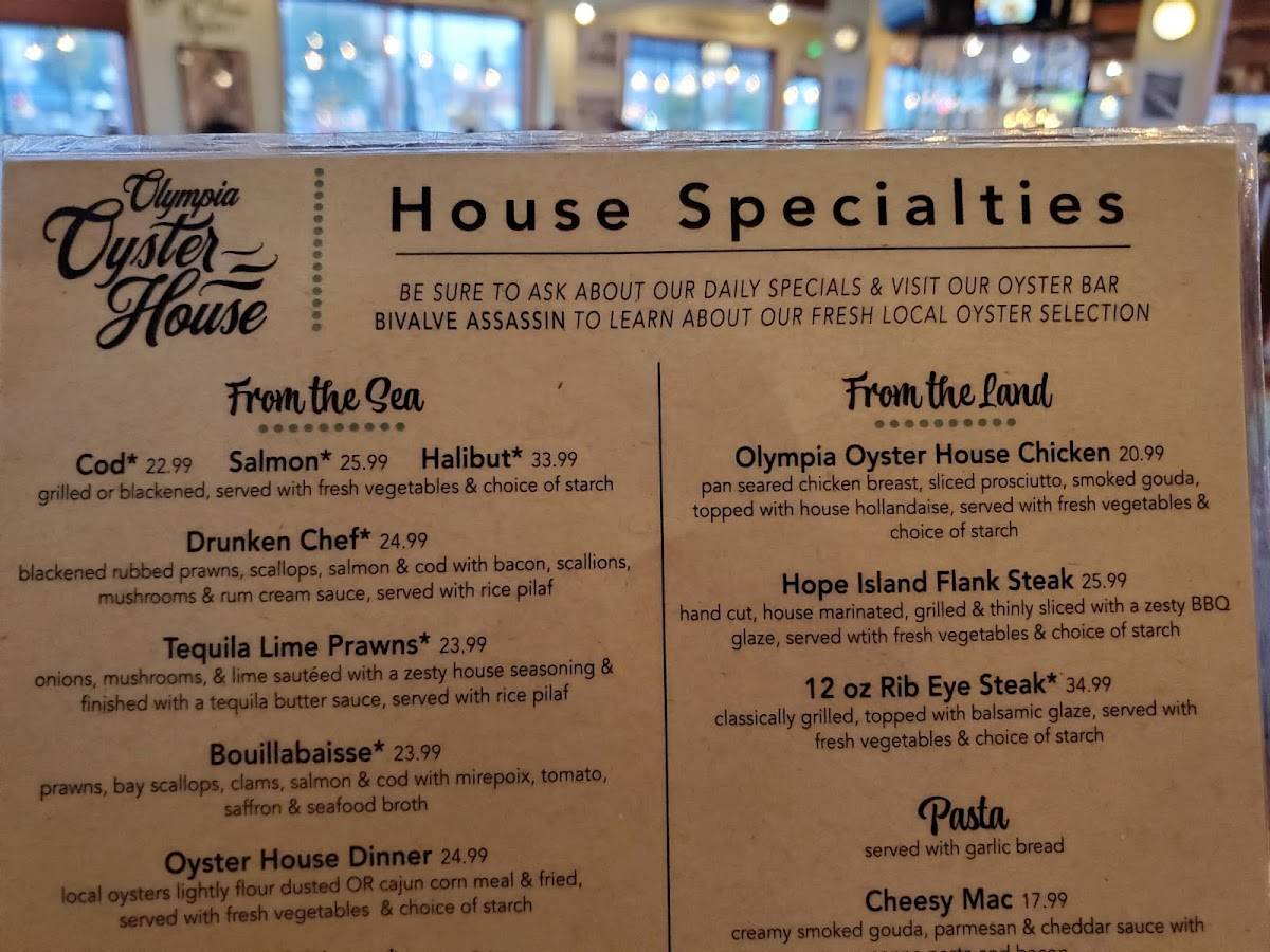 Menu at Olympia Oyster House restaurant, Olympia