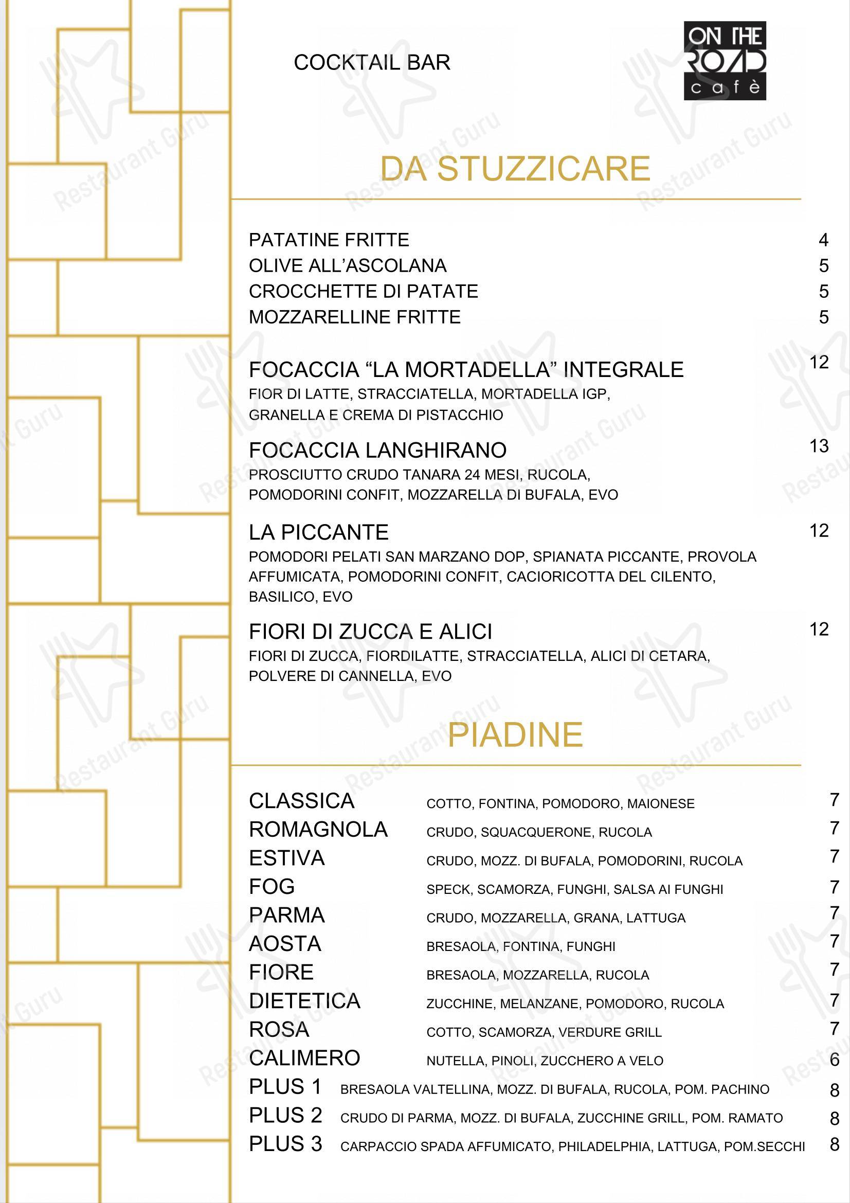 Коктейльная карта pour On The Road Cafe pub et bar