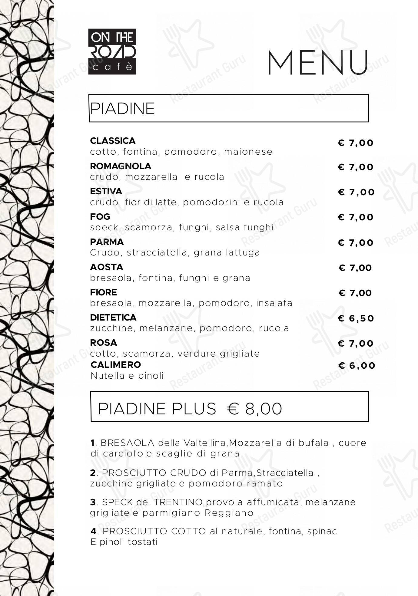 Menu bar pour On The Road Cafe pub et bar
