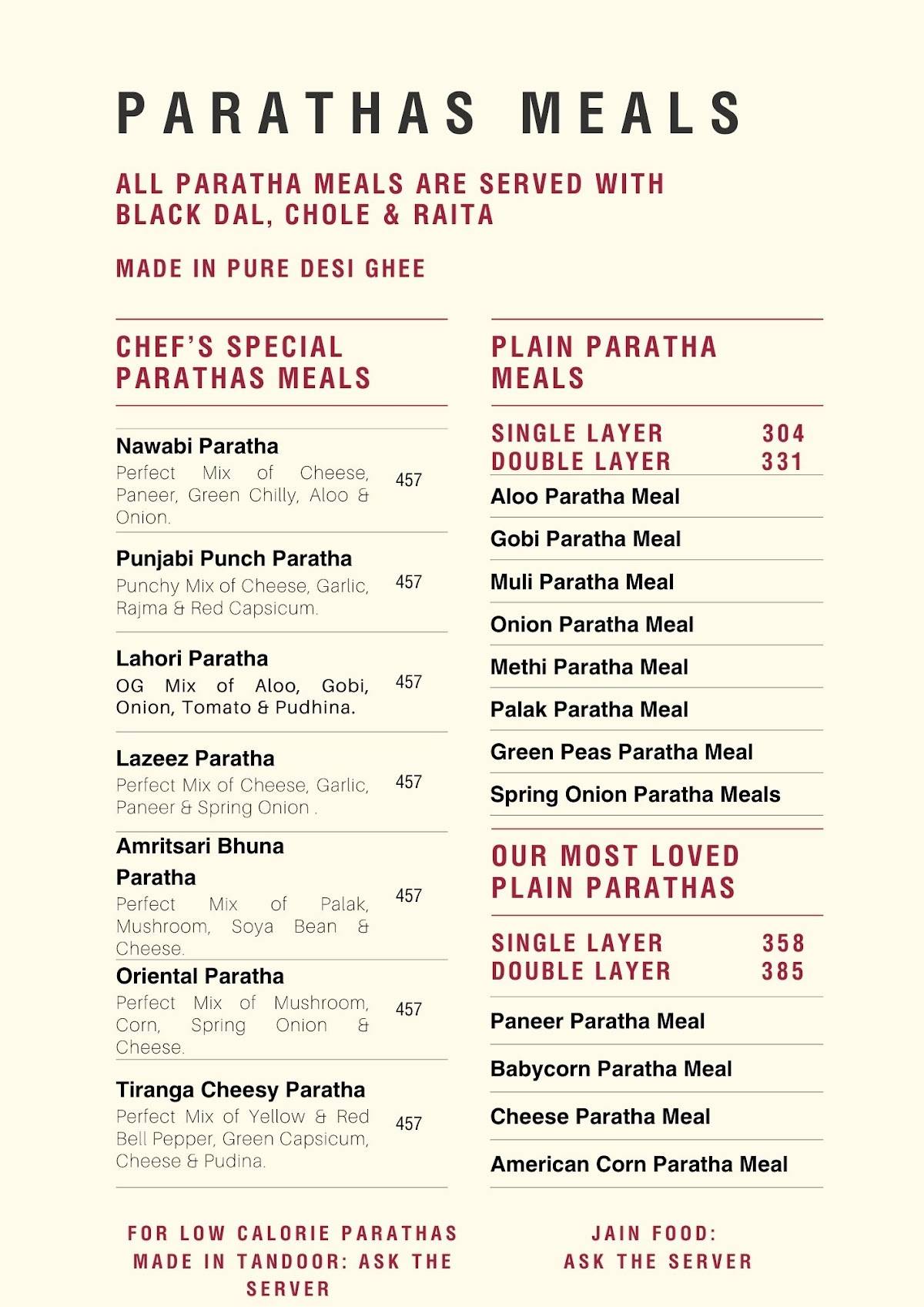 Only Parathas menu