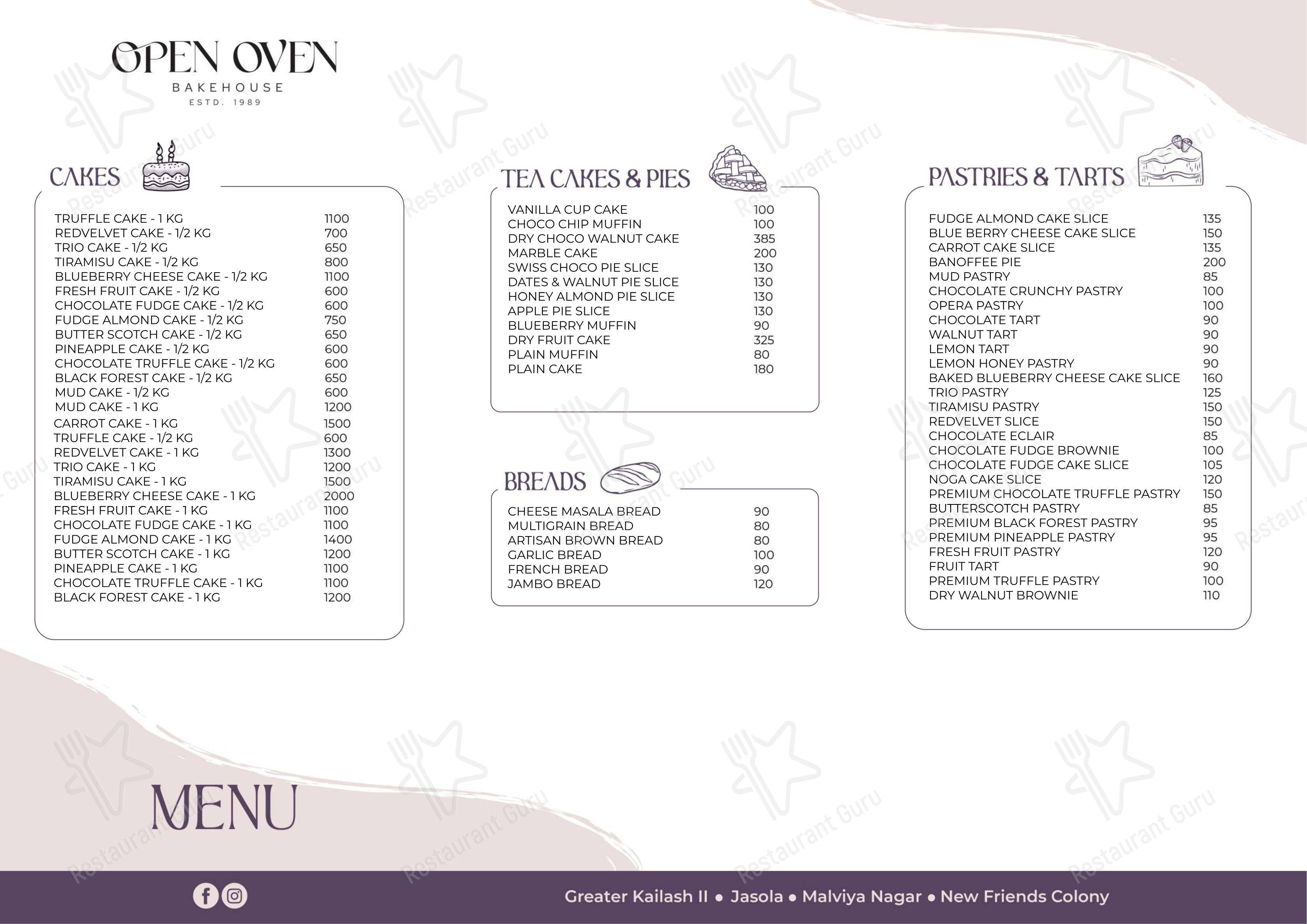 Menu for the Open Oven Bakehouse restaurant