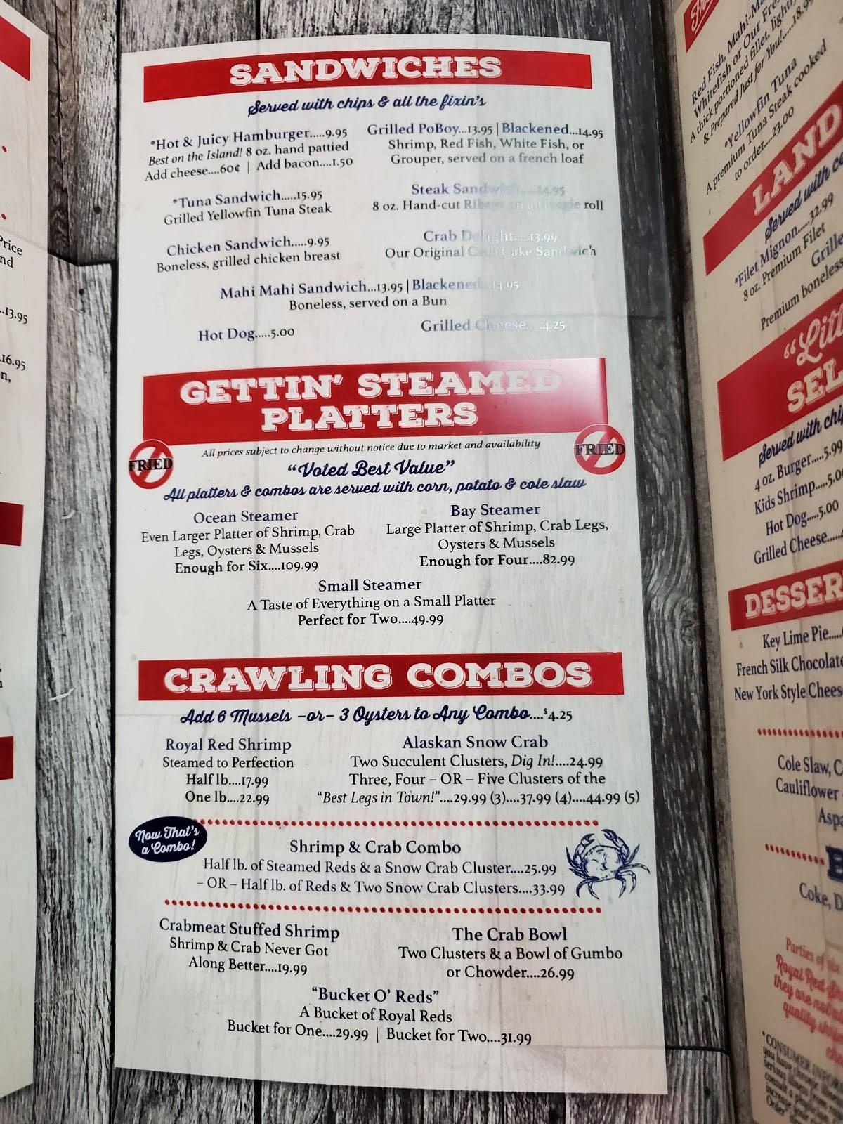 Menu at Gulf Shores Steamer restaurant, Orange Beach