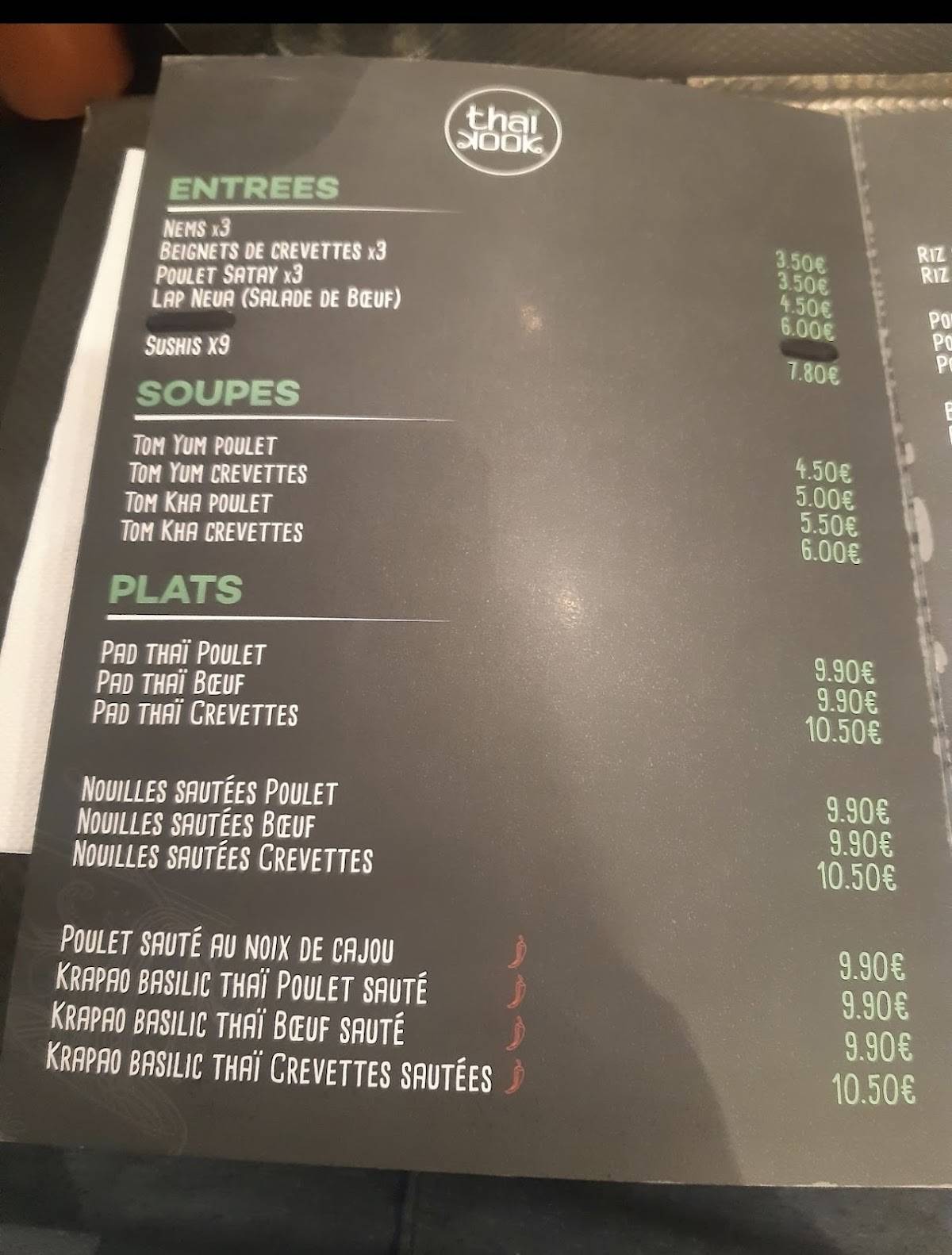 Menu de Original Thaï Kook
