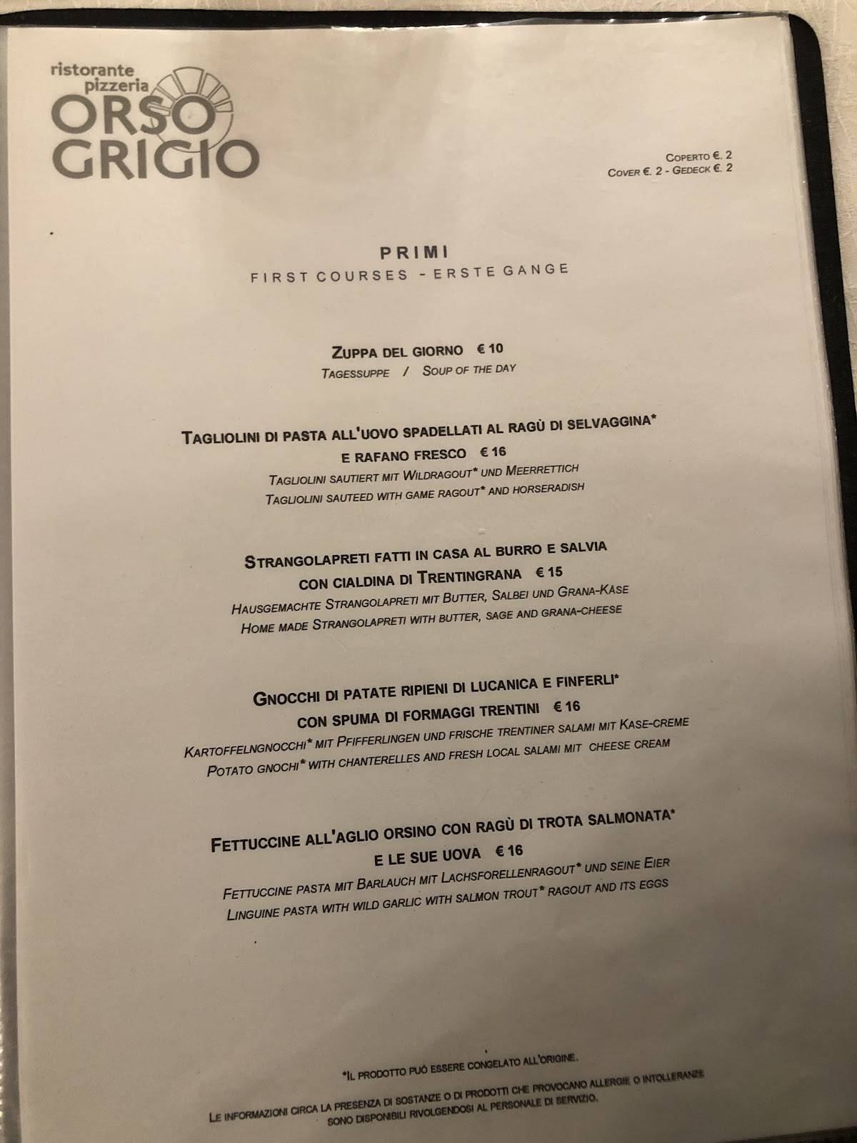 Menu di Orso Grigio 