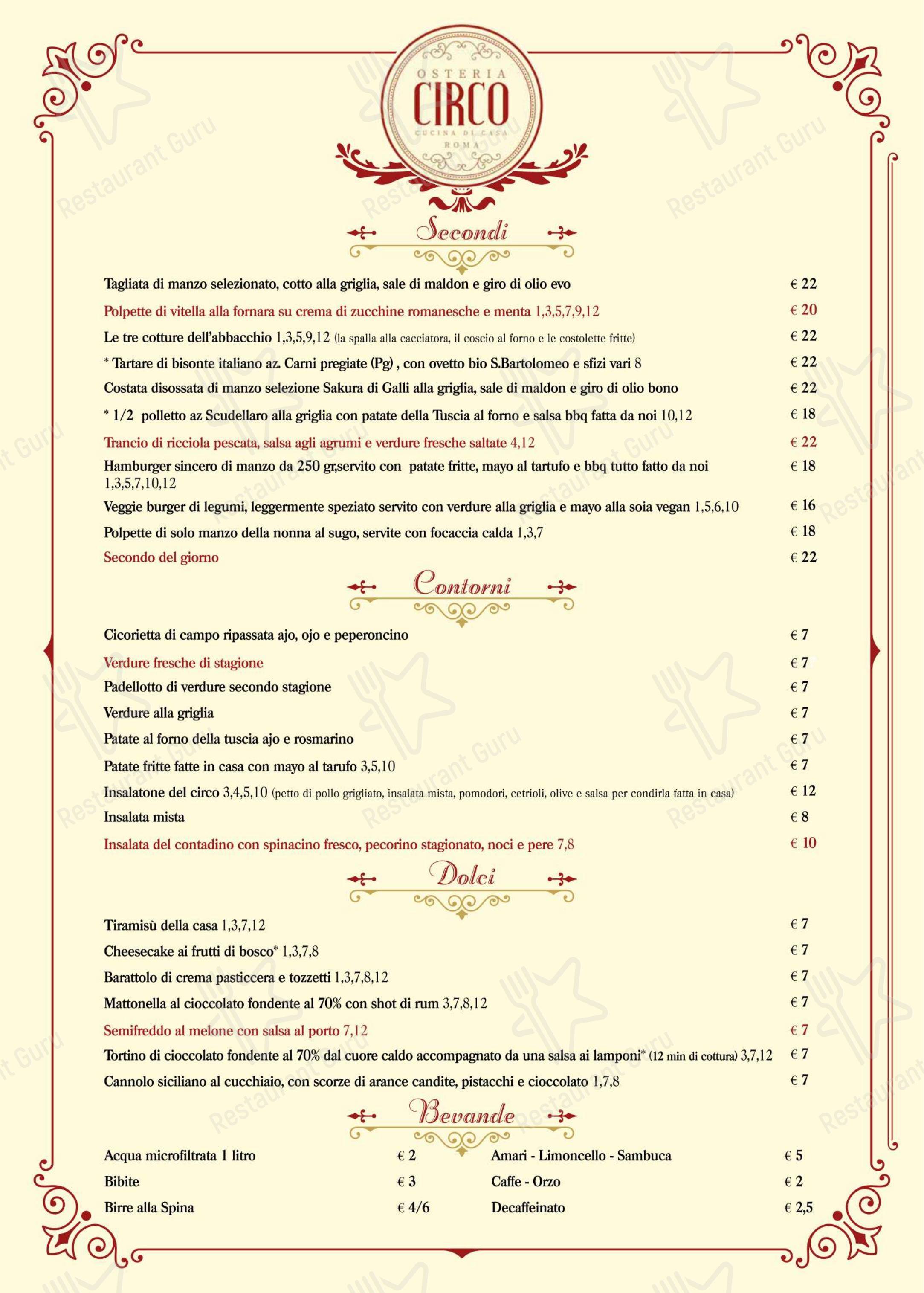 Menu per Osteria Circo ristorante