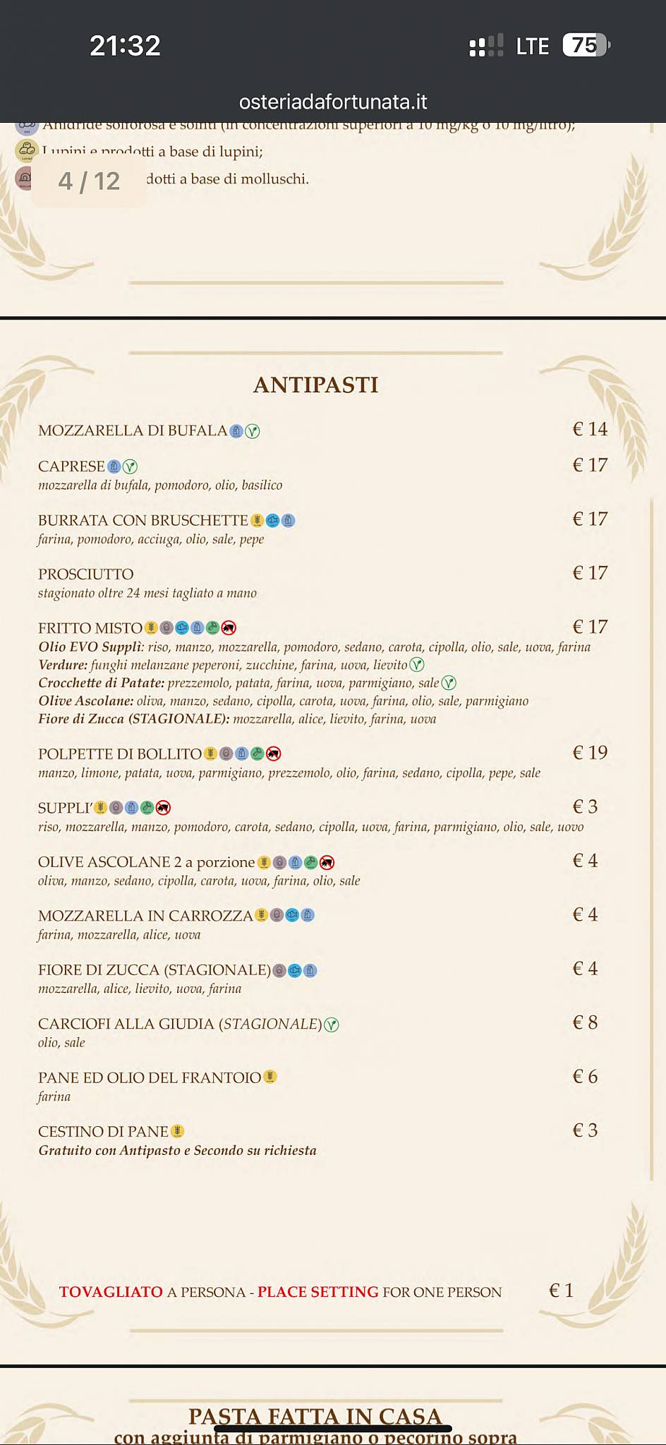 Menu di Osteria da Fortunata - Pellegrino 