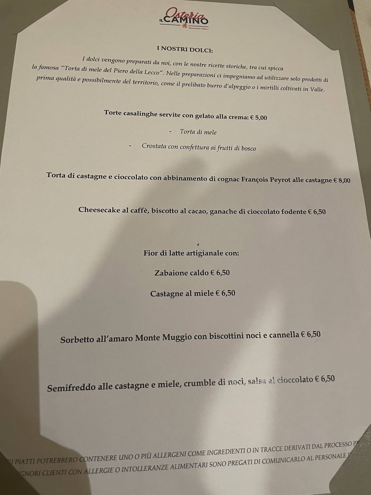 Menu di Osteria il Camino 