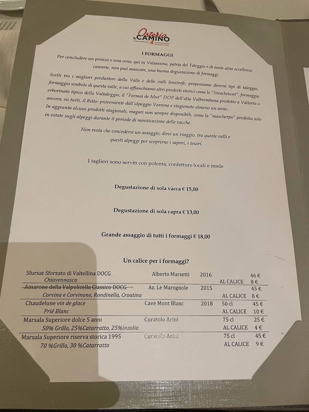 Menu di Osteria il Camino 