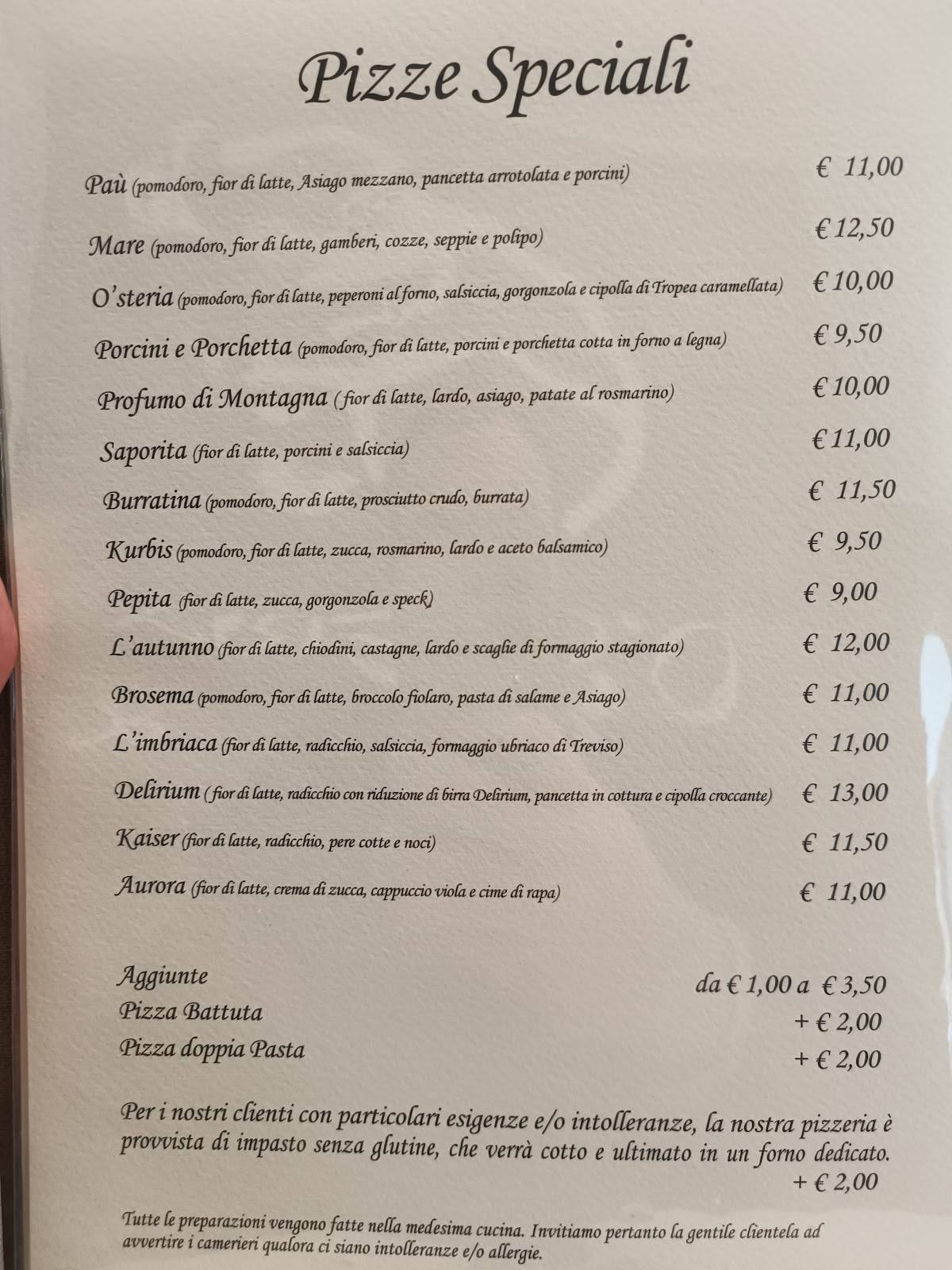 Menu di O'steria 