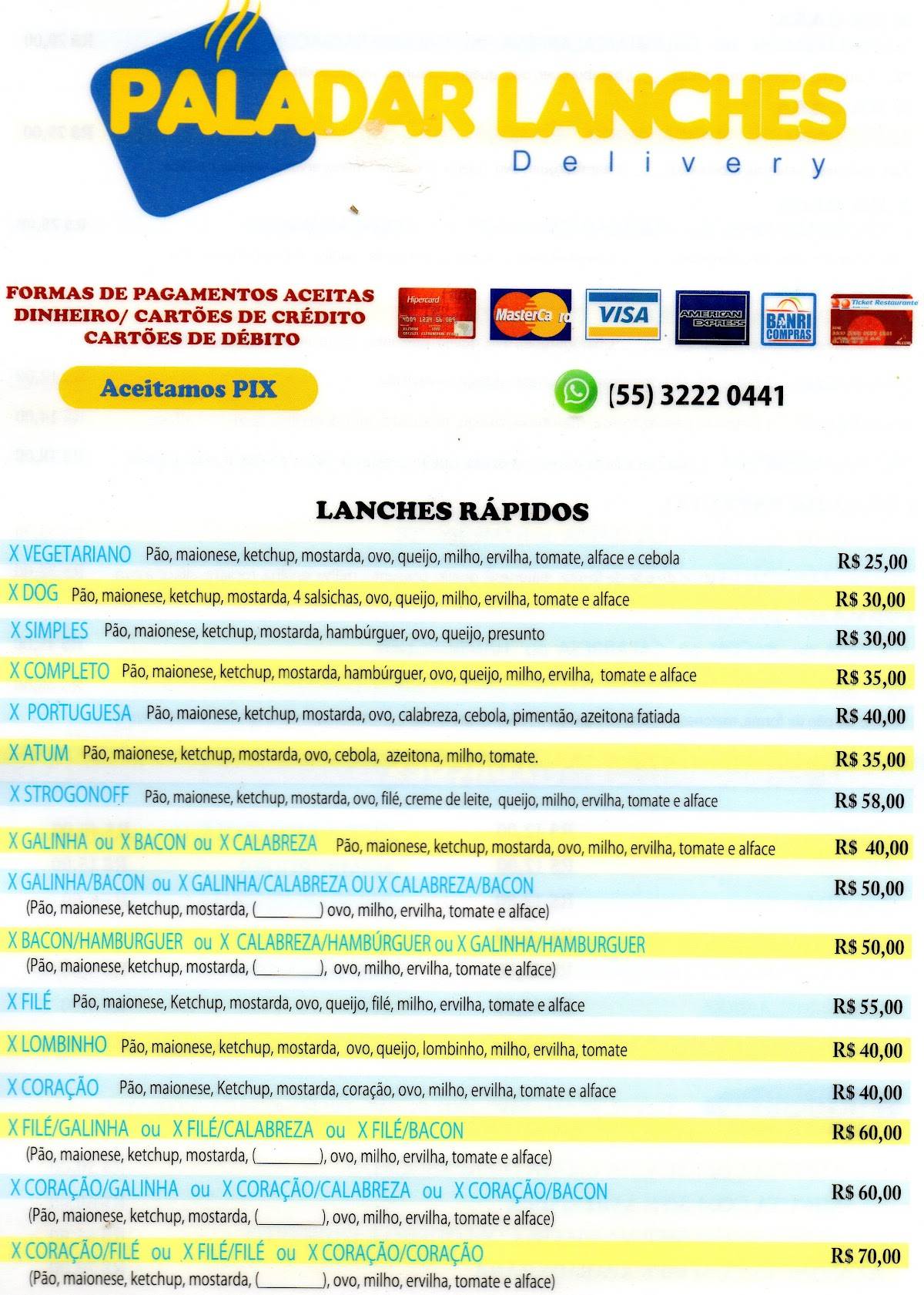 PALADAR LANCHES DELIVERY cardápio