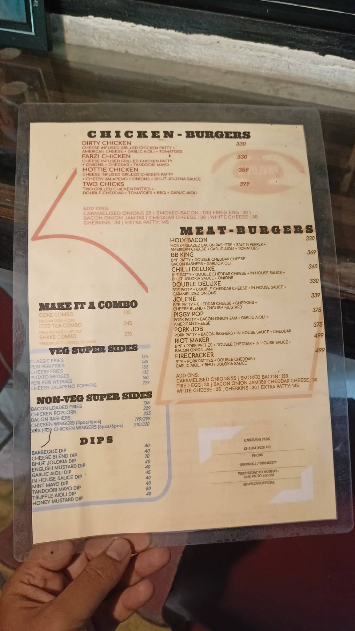 PAVLOV’S (burger joint) menu