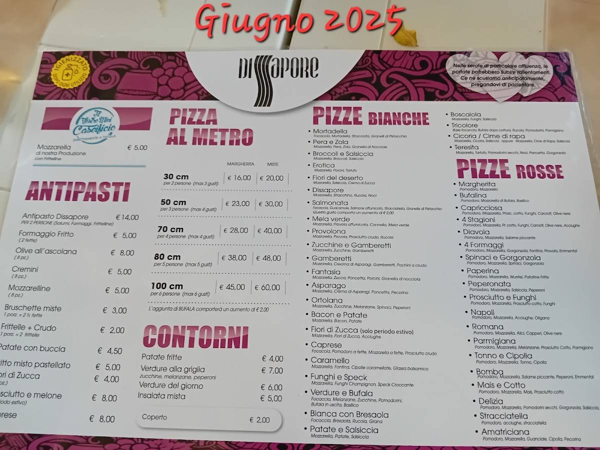 Menu di PIZZERIA DISSAPORE TORTORETO LIDO 