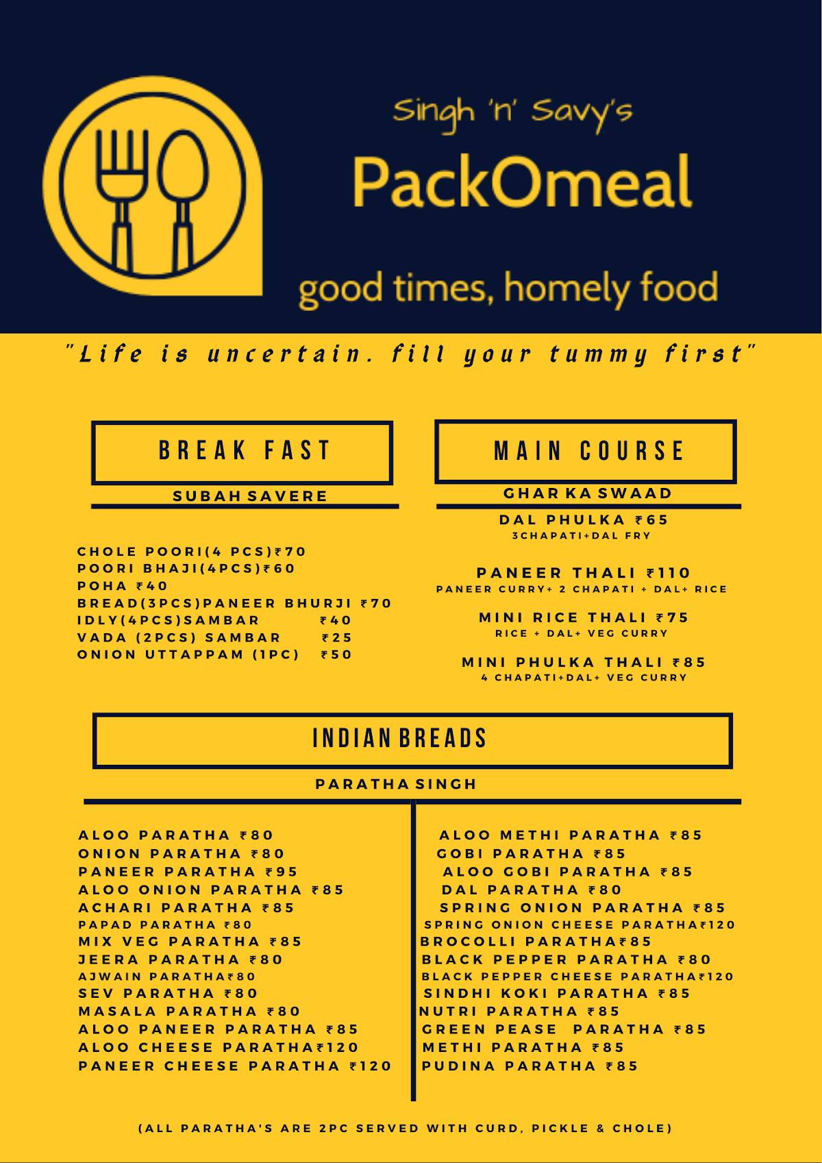 Pack O Meal menu