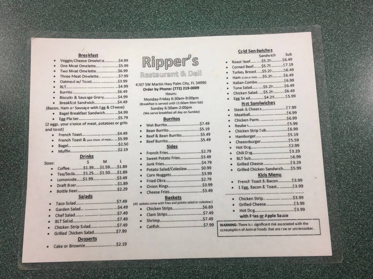 Menu at Ripper's Restaurant, Palm City
