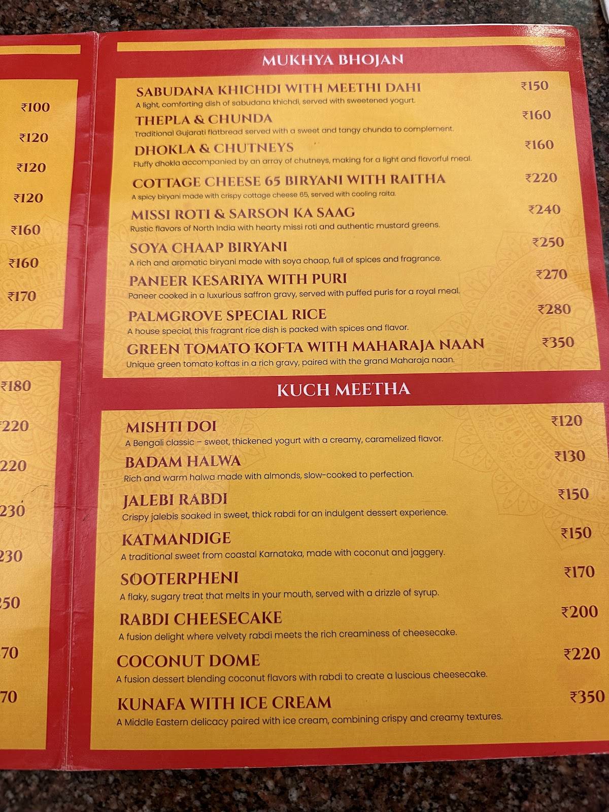 Palmgrove Restaurant (Vegetarian) by Hotel BMS menu