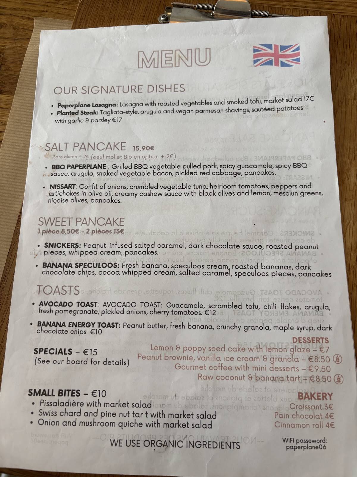 Menu de Paper Plane
