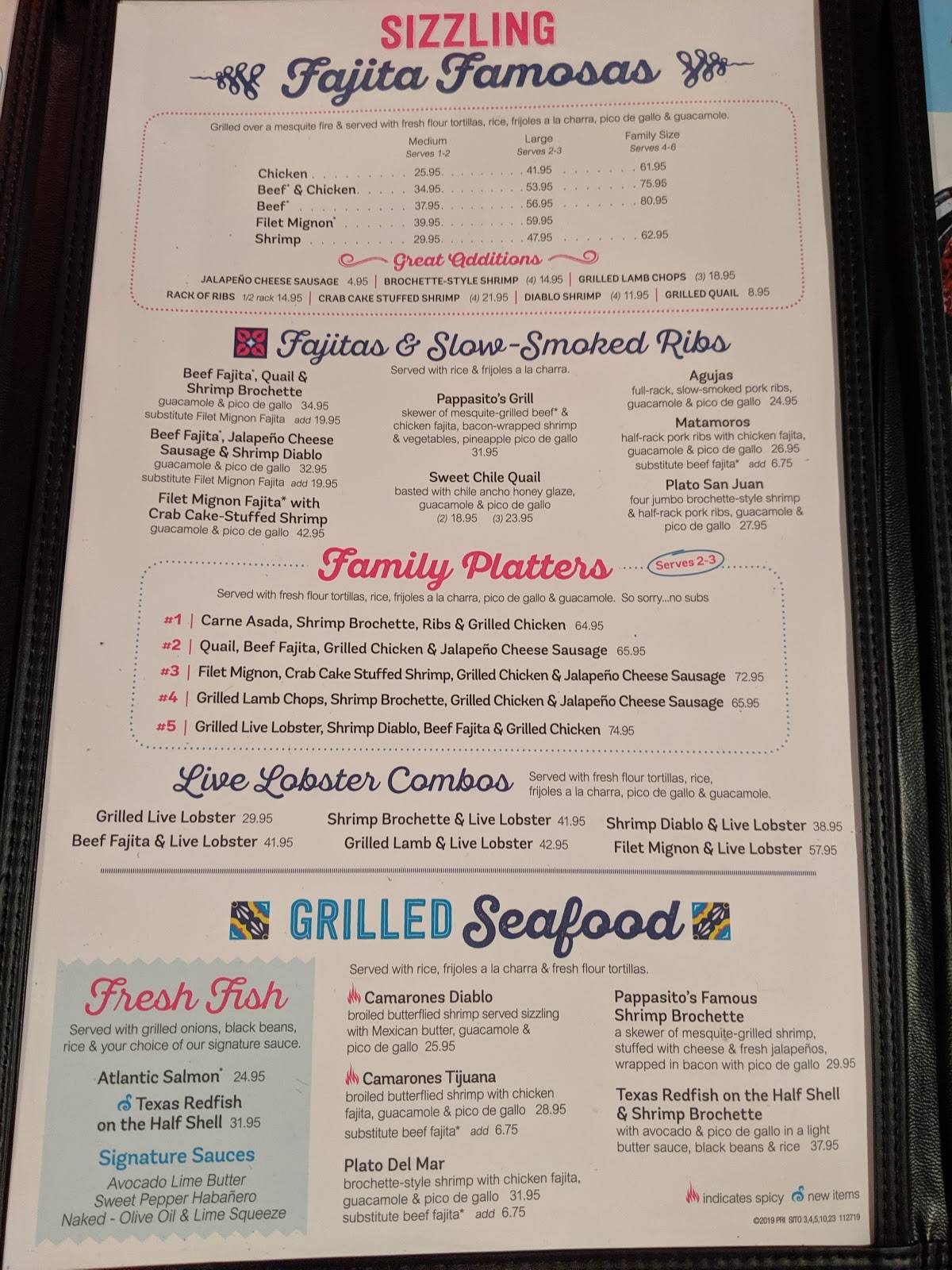 Menu at Pappasito's Cantina restaurant, Sugar Land, Southwest Fwy