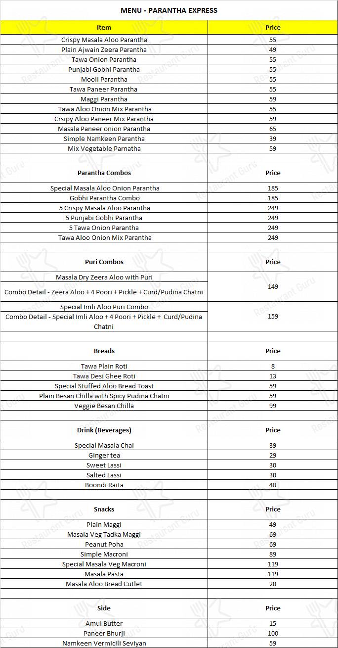 Parantha Express menu