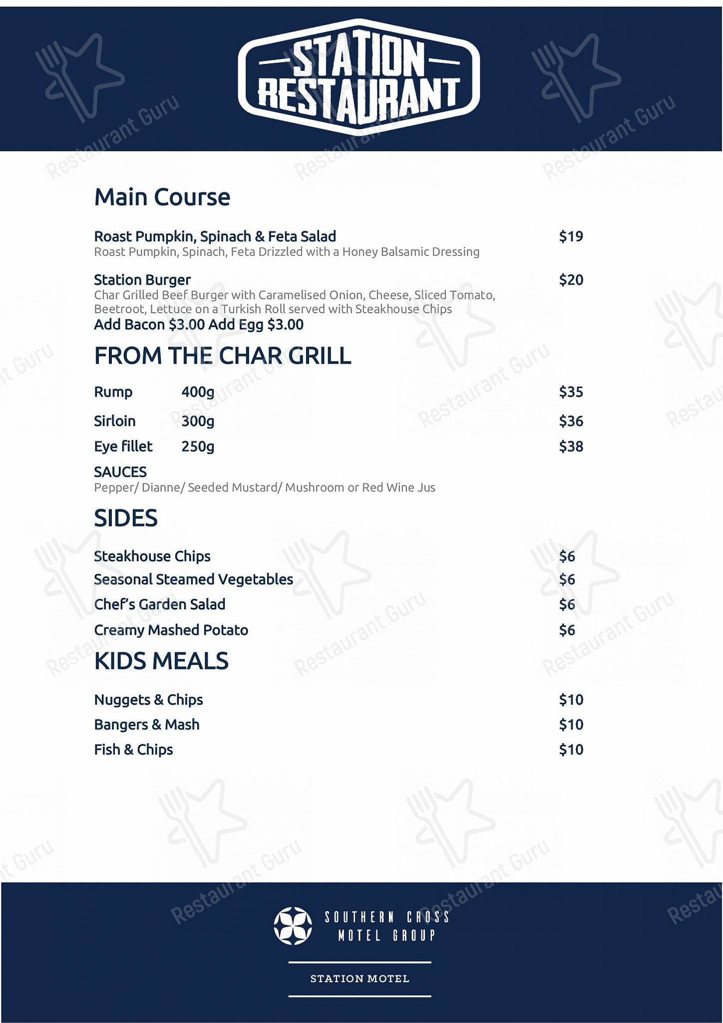 Menu at Station Motel restaurant, Parkes