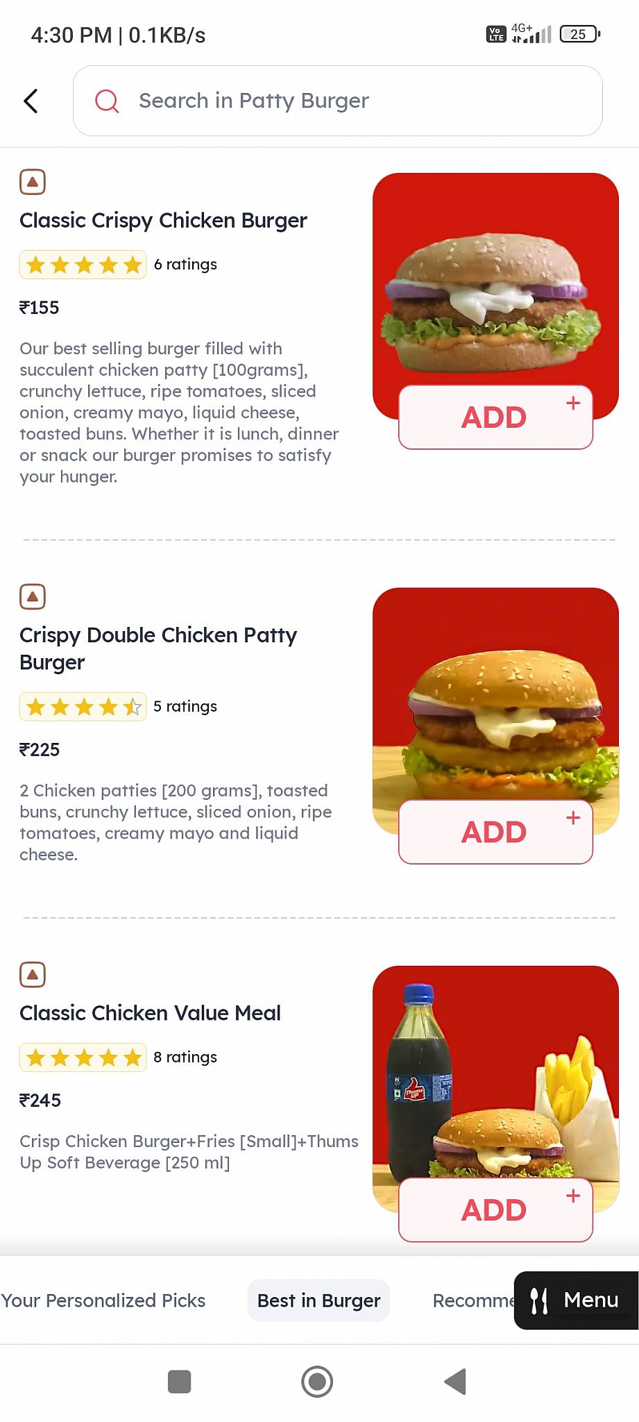 Patty burger menu