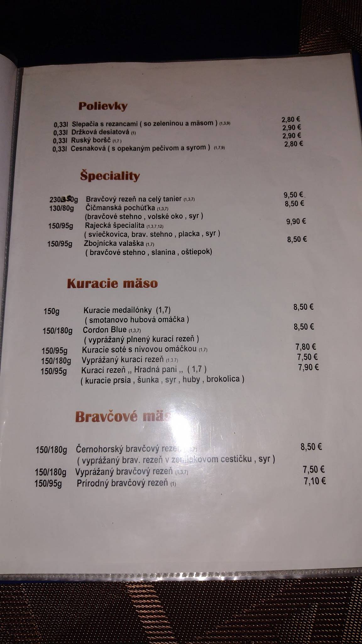 Menu de Penzión DUBOVÁ Rajec, s.