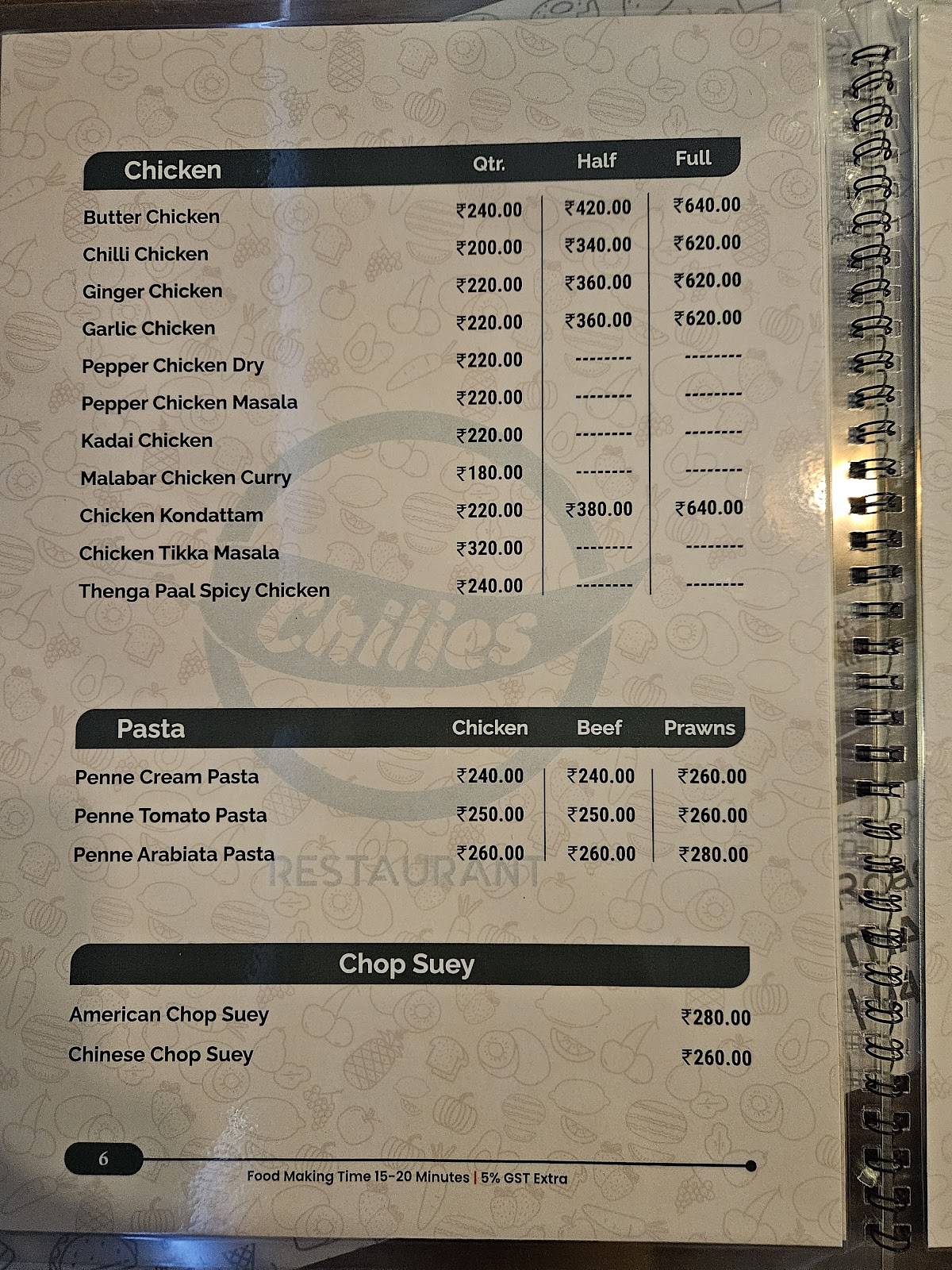 Chilies Restaurant menu