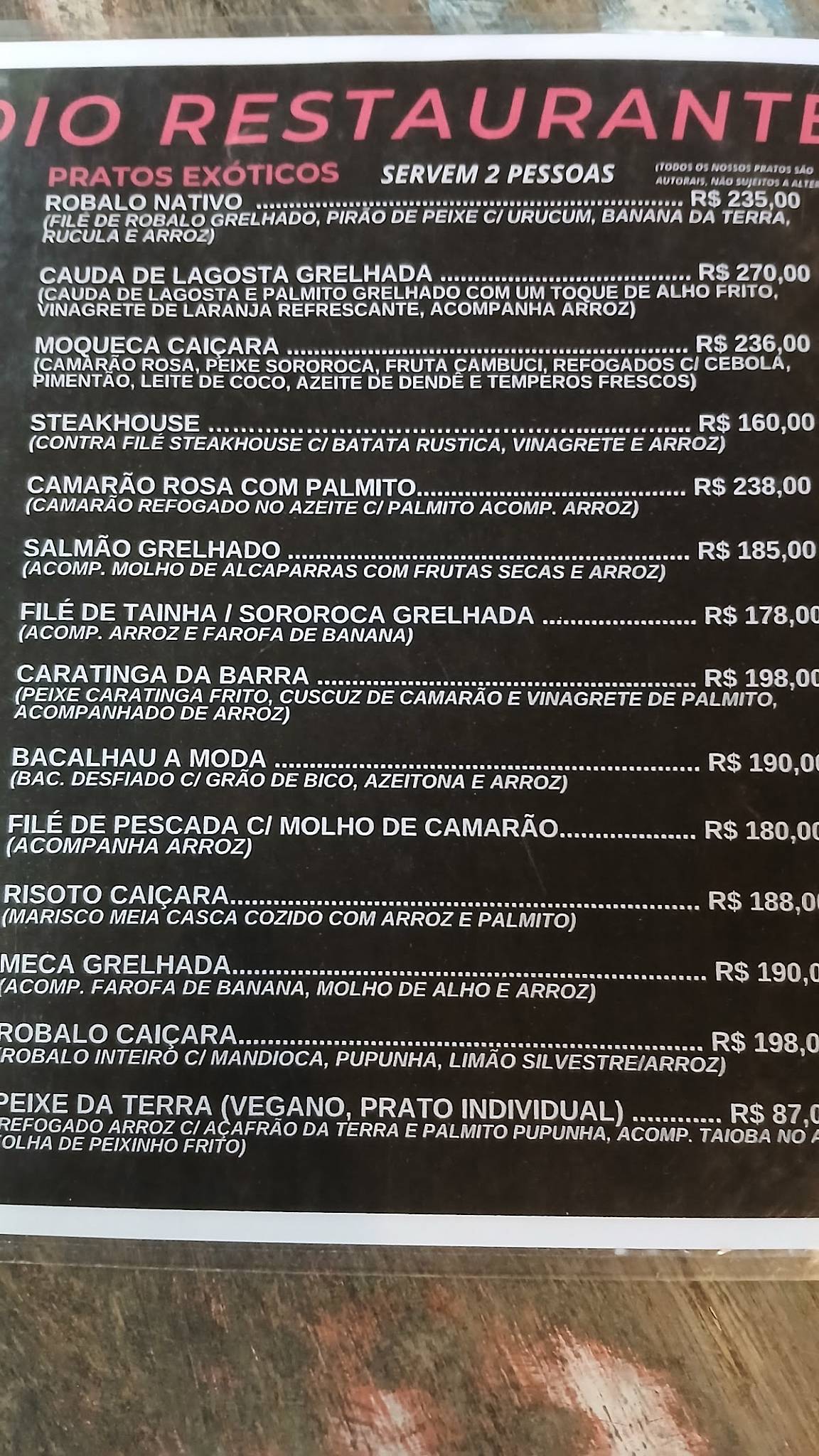 Pau do Indio cardápio