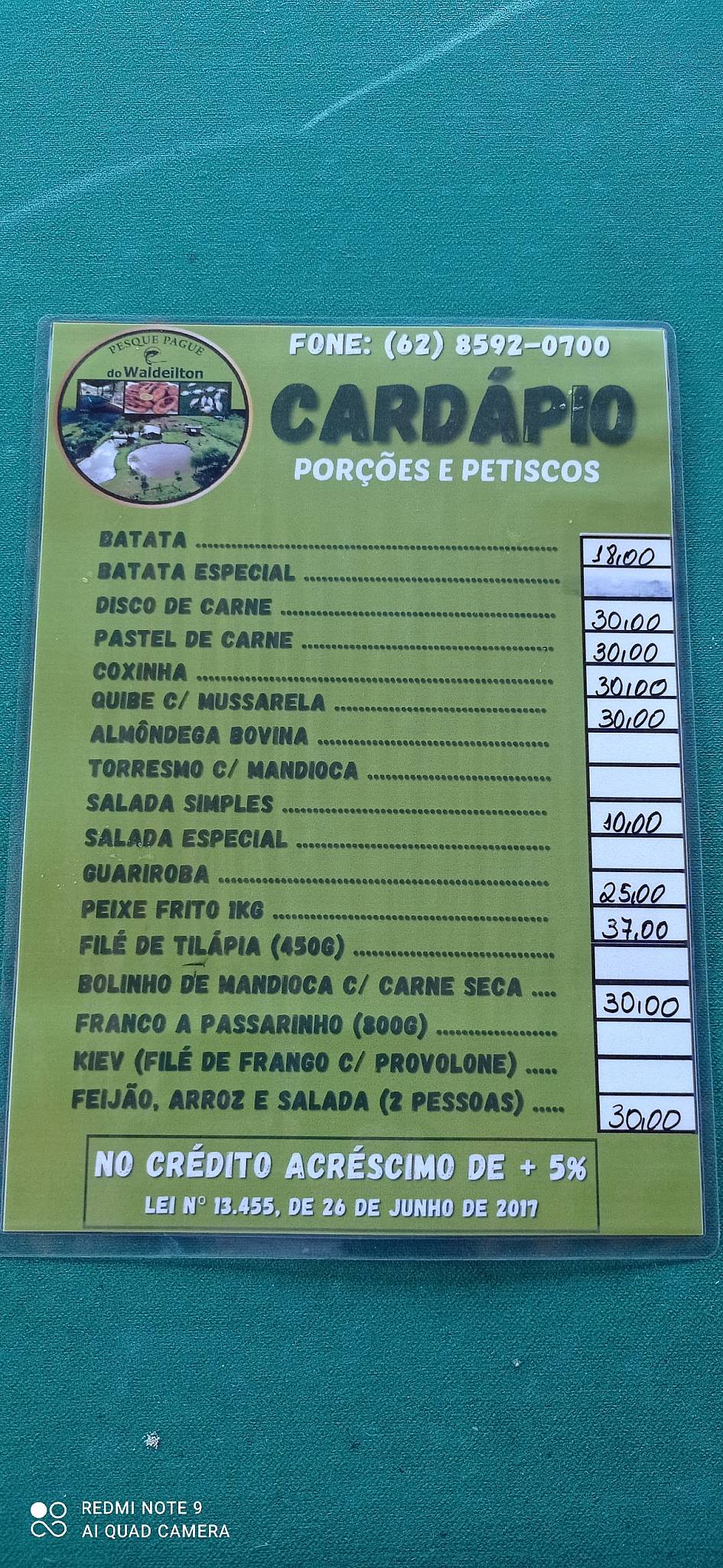 Pesque pague do Waldeilton cardápio
