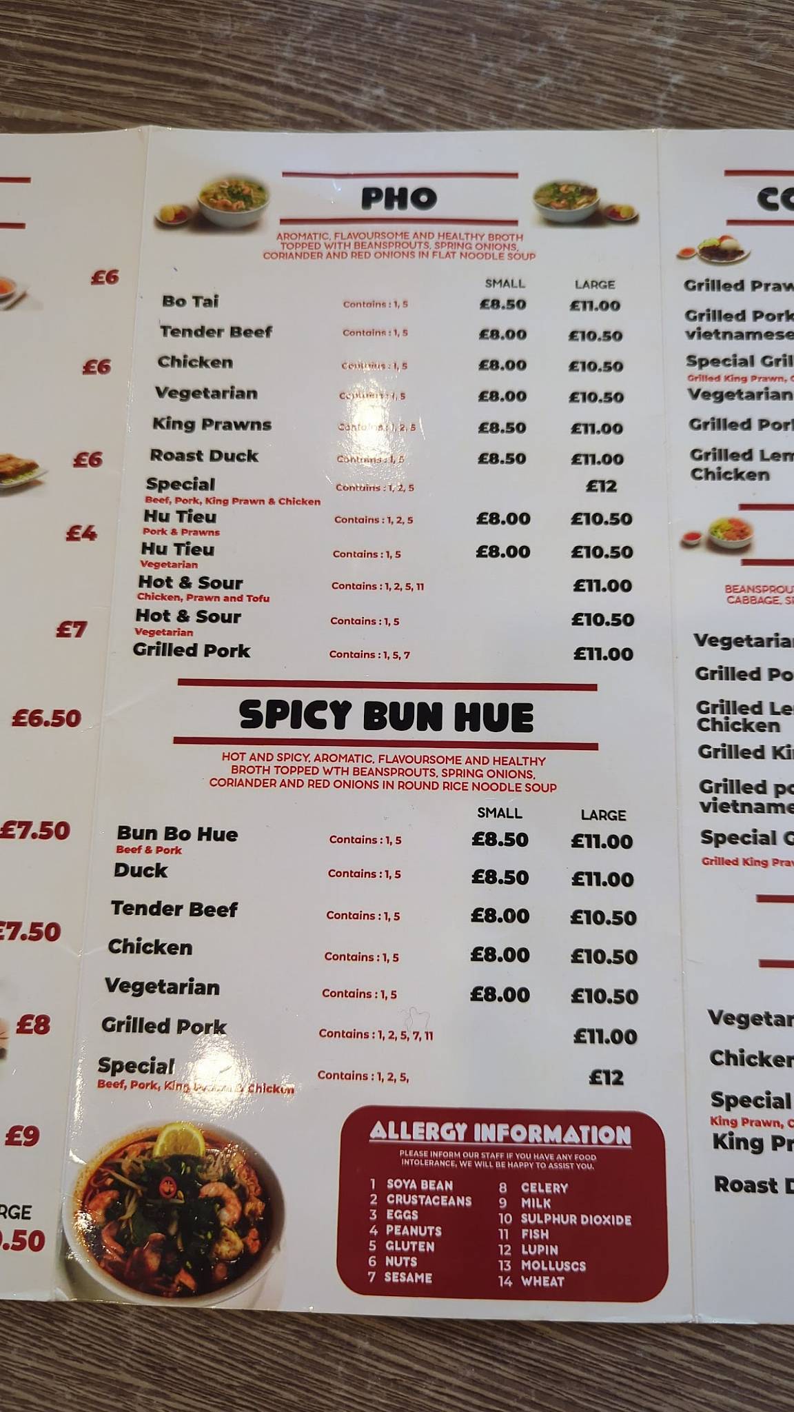 Menu at Pho Nam restaurant, London, 184 Jamaica Rd