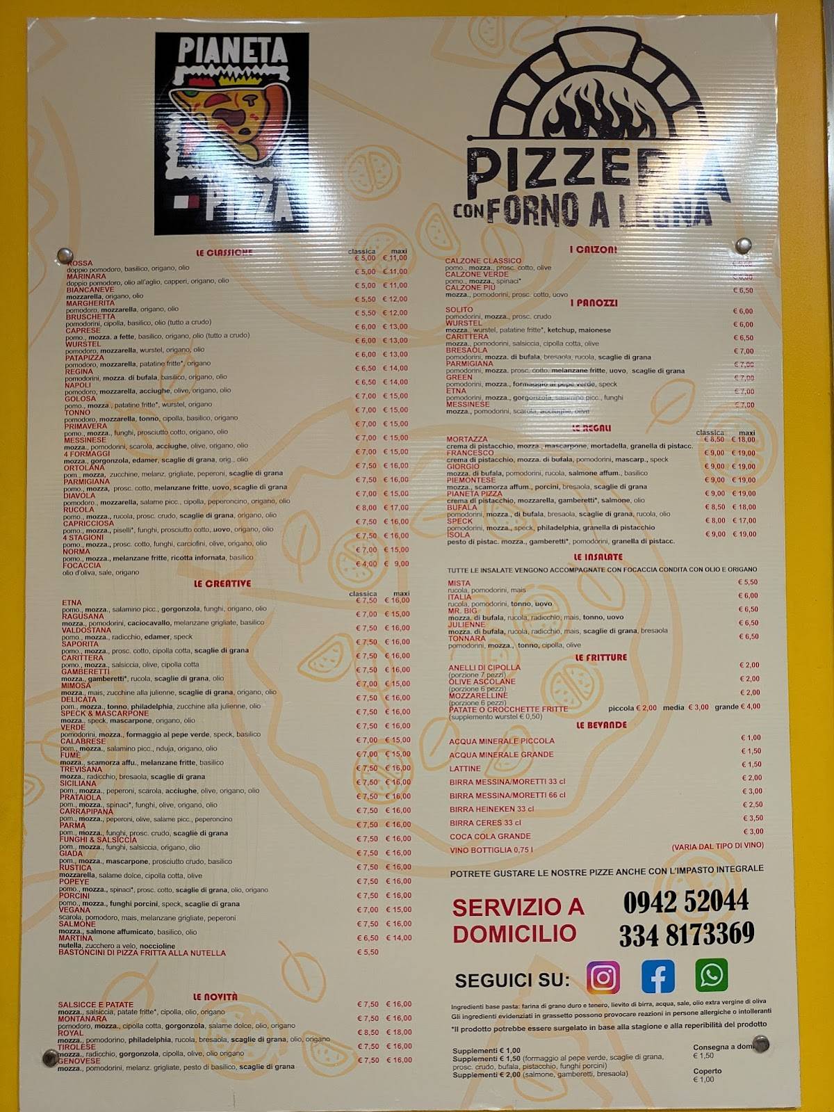 Menu di Pianeta Pizza 