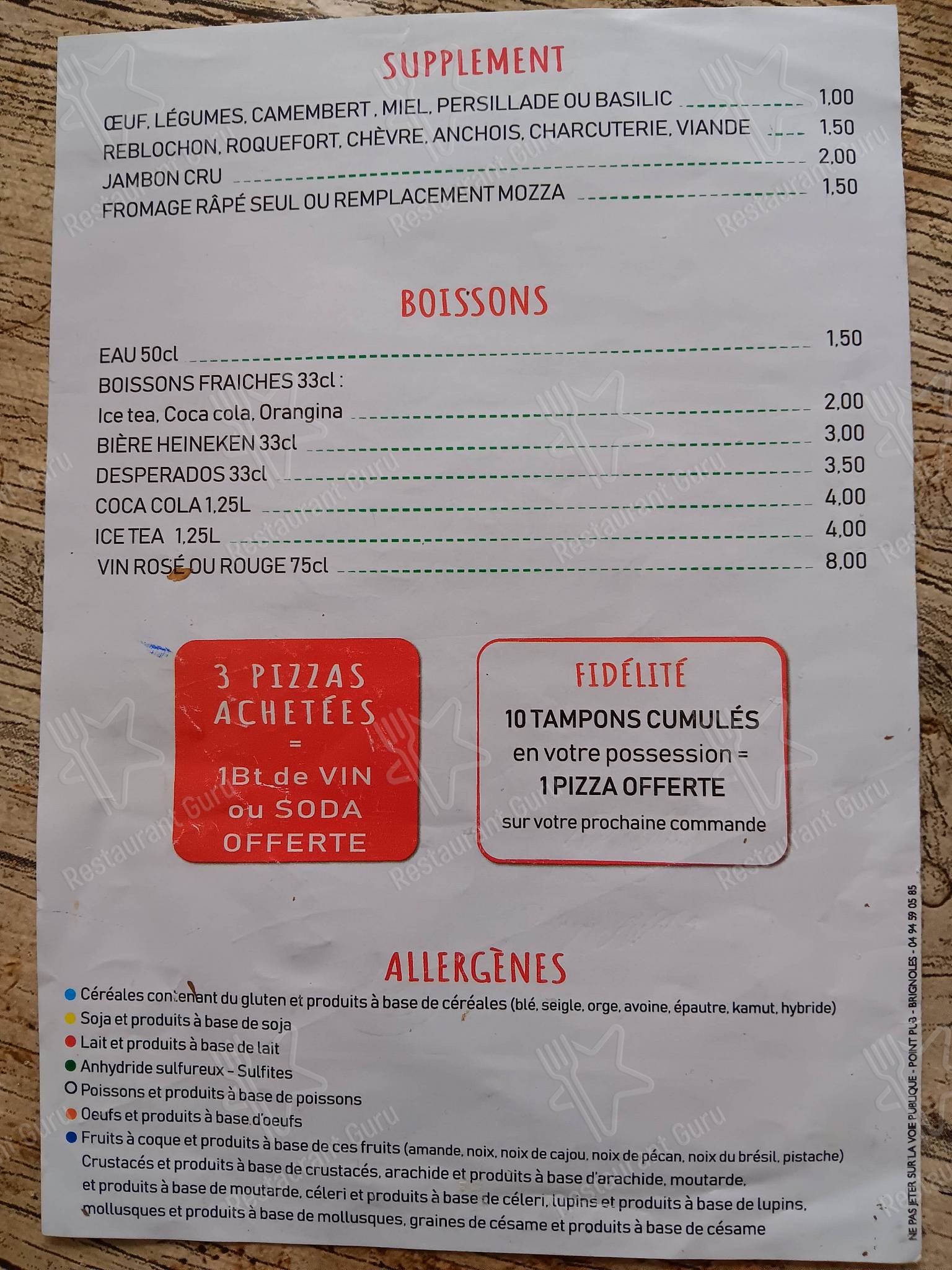 Menu de PIZ PIZZA Camion au Feu de Bois Rocbaron