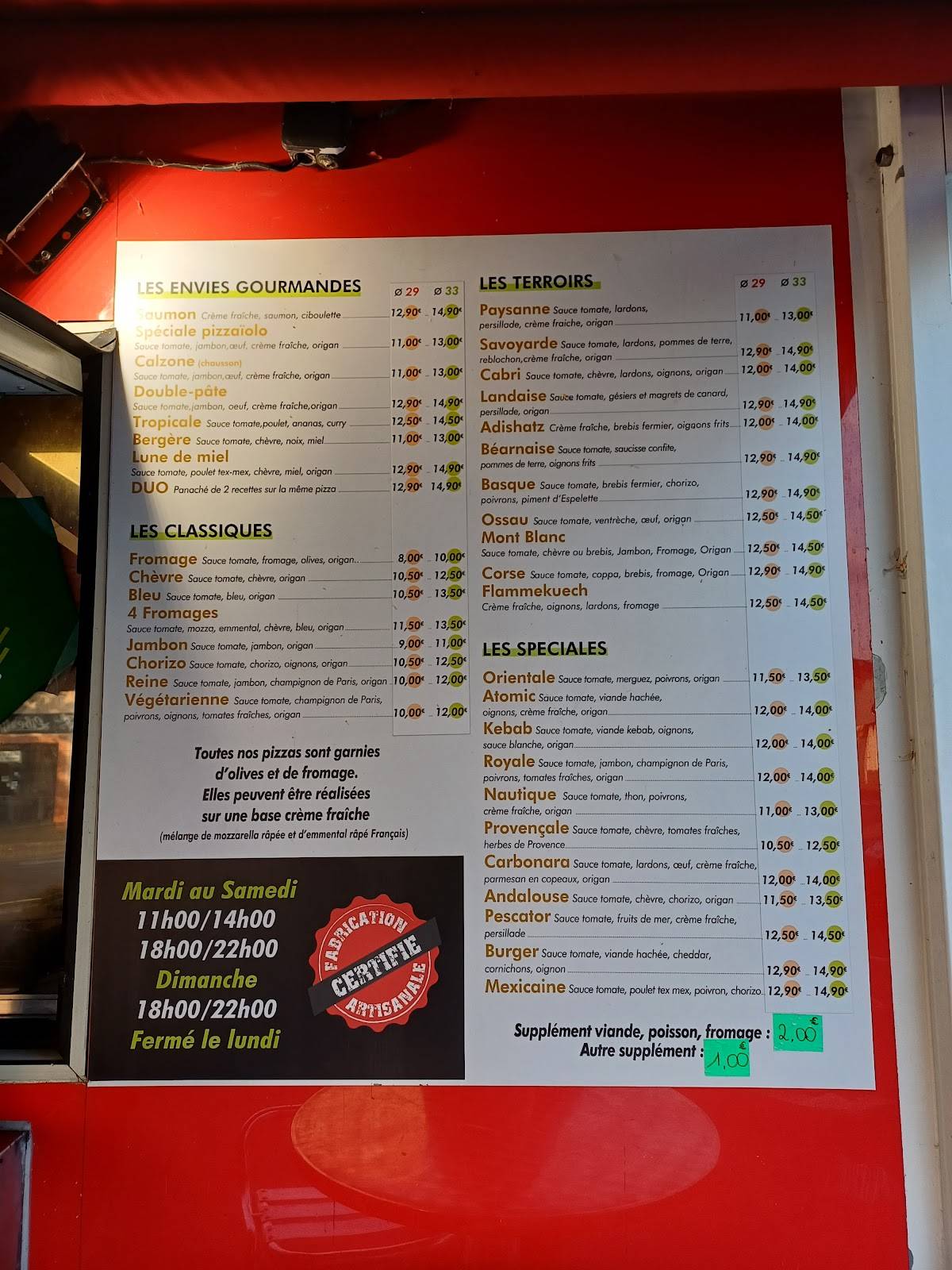 Menu de Pizz'A Bruno
