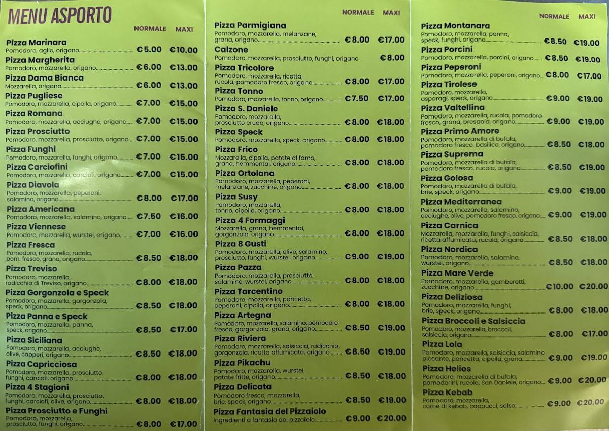 Menu di Pizza Helios 