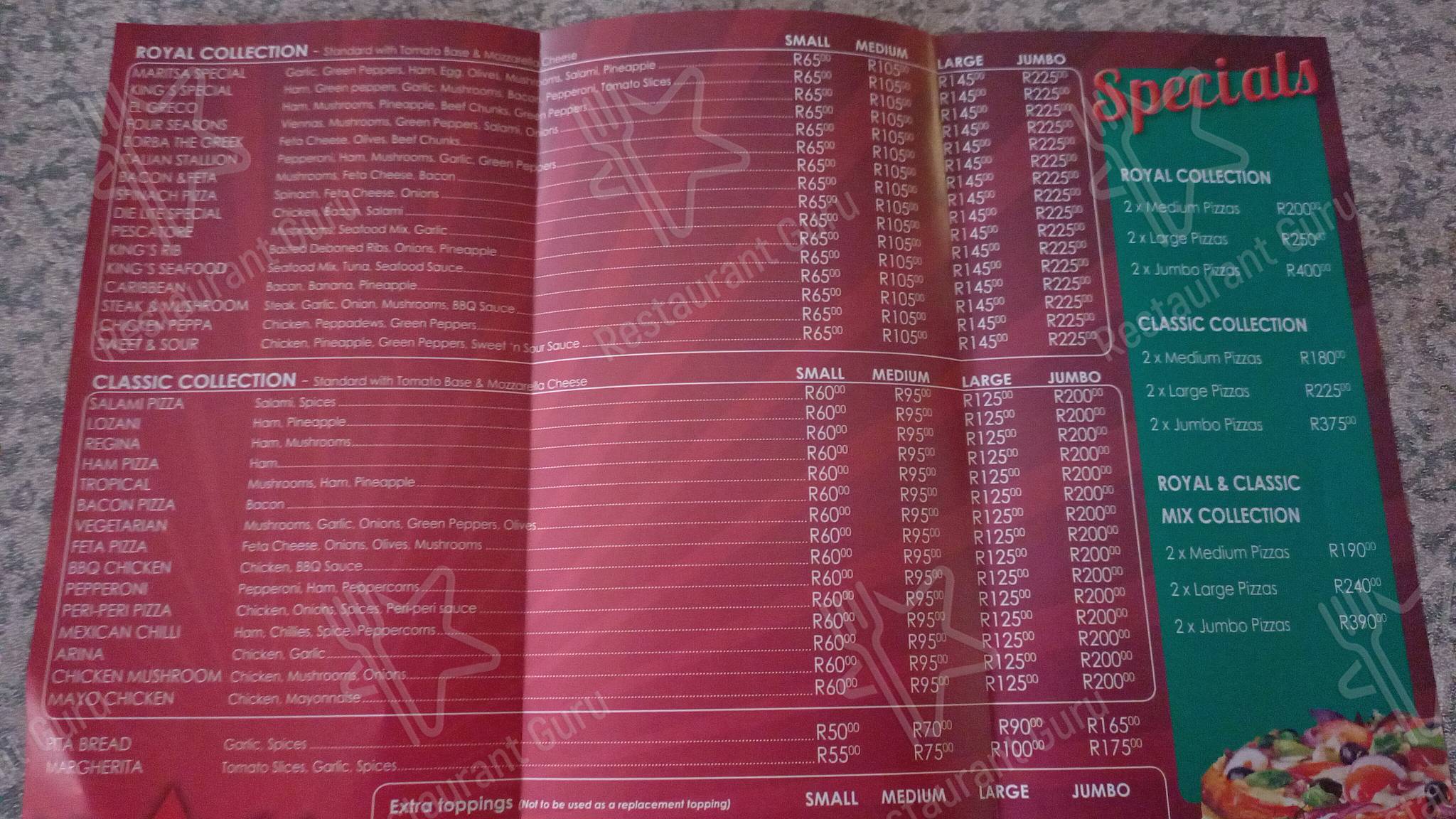 Menu at Pizza King restaurant, Kimberley
