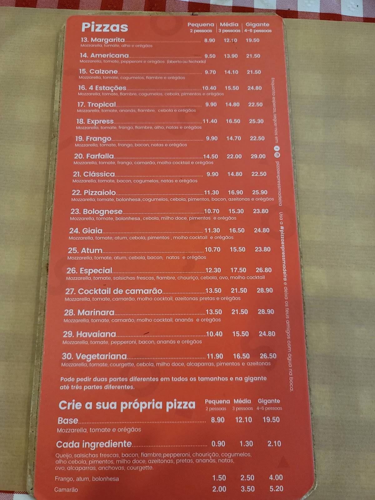 Menu em Pizza Moments ll restaurante, Caniço