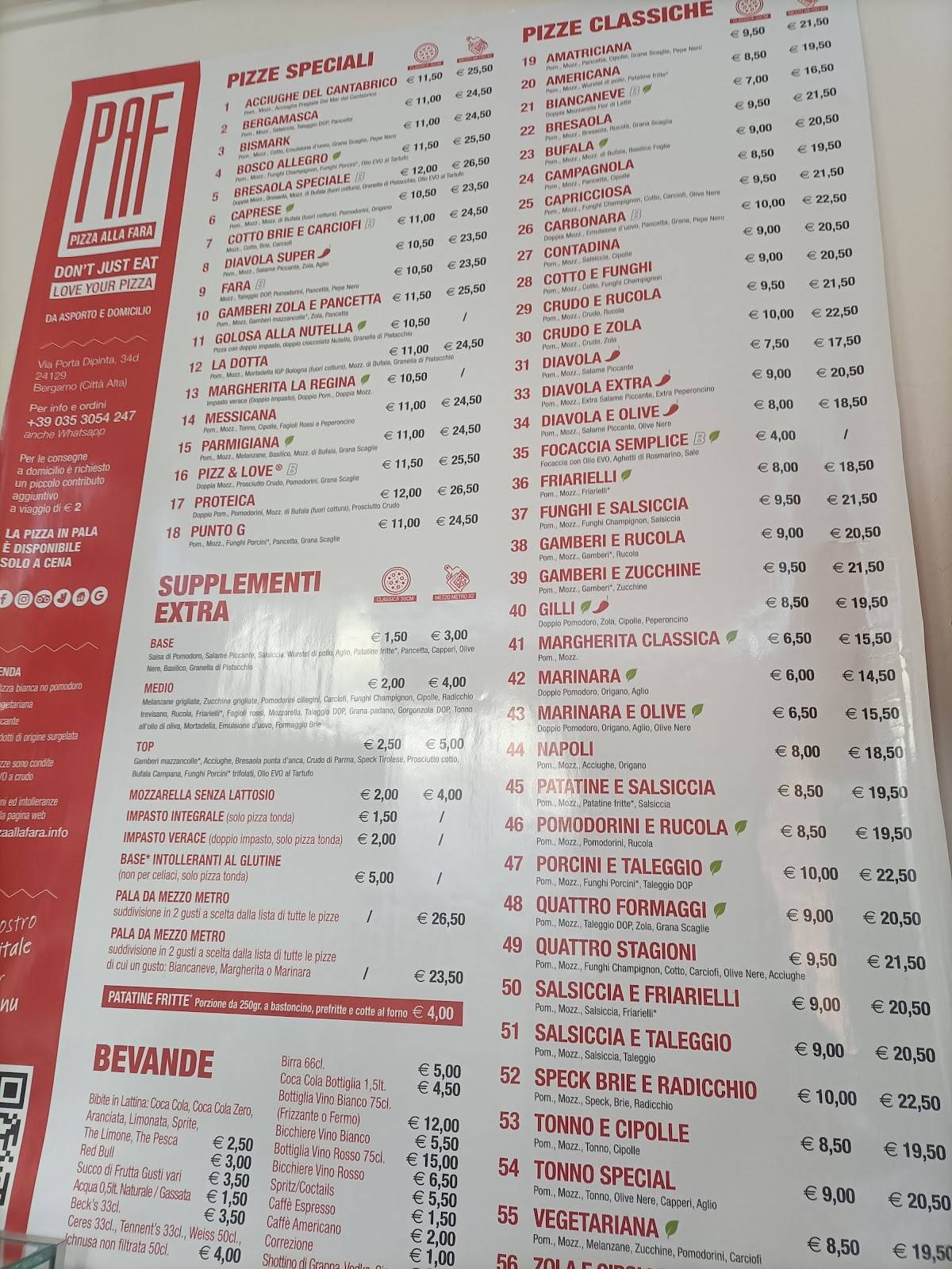 Menu di Pizza alla Fara 
