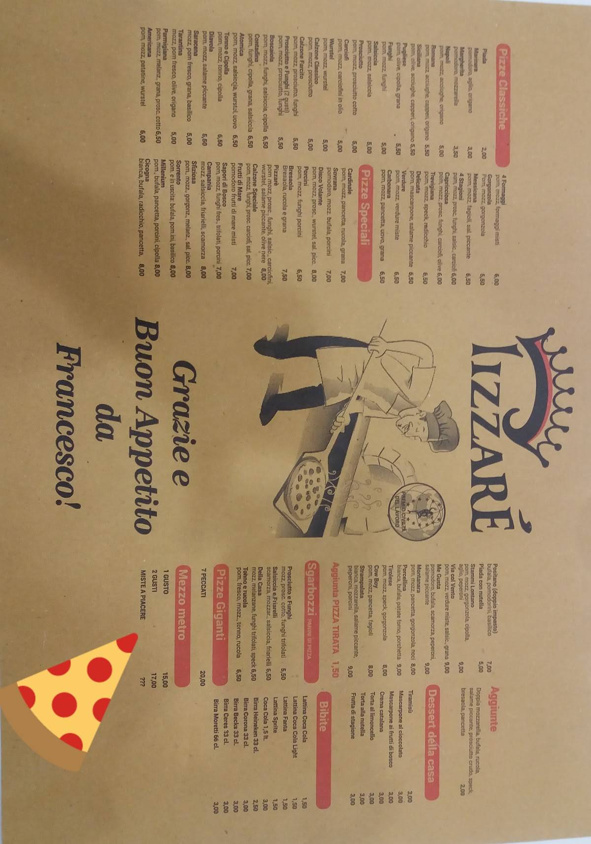 Menu di Pizzarè 