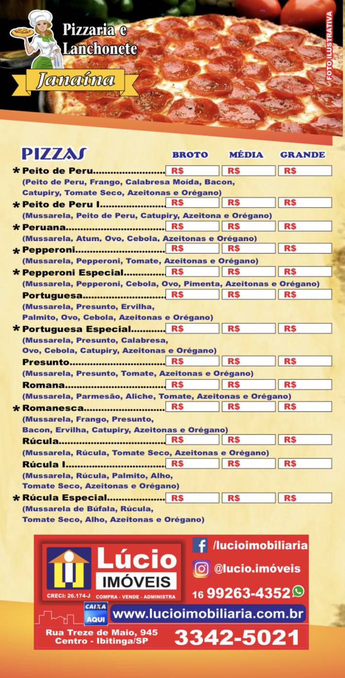 Pizzaria Janaína - Ibitinga cardápio