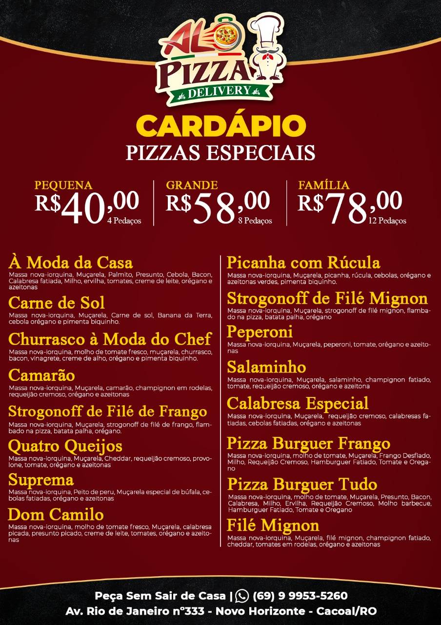 Alo pizza cardápio