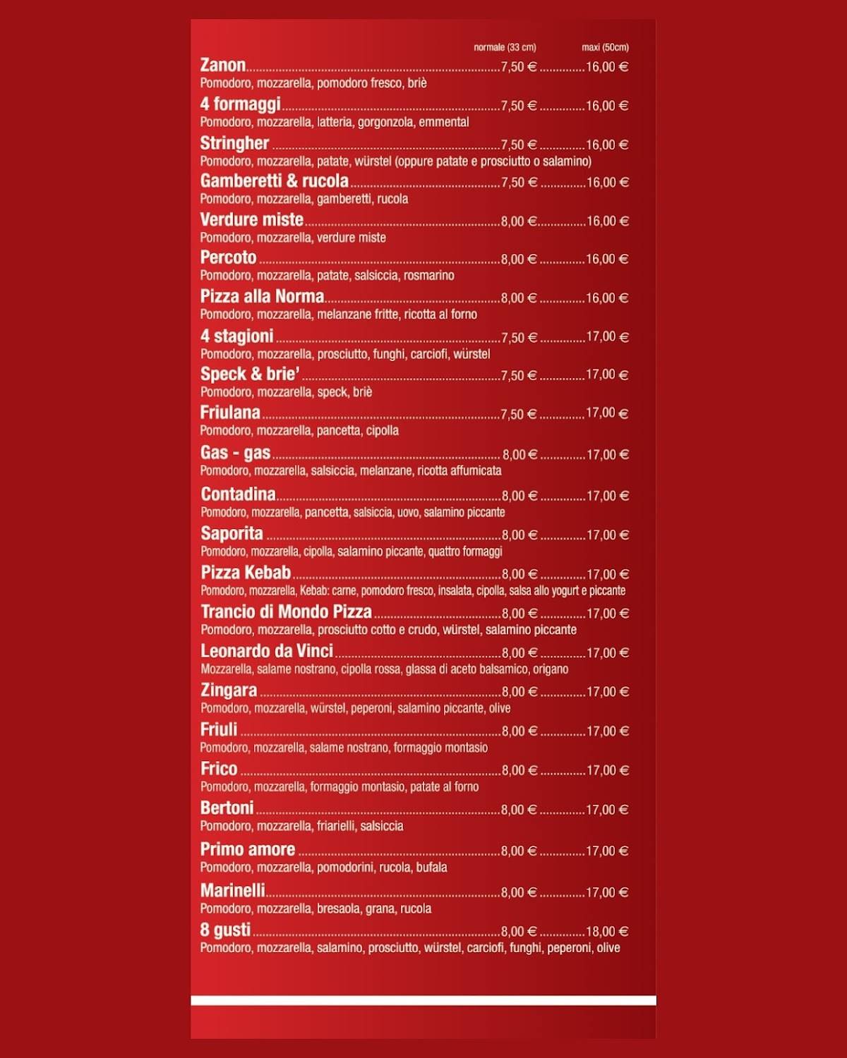 Menu di Pizzeria Da Gas Gas - Udine, Centro Studi 