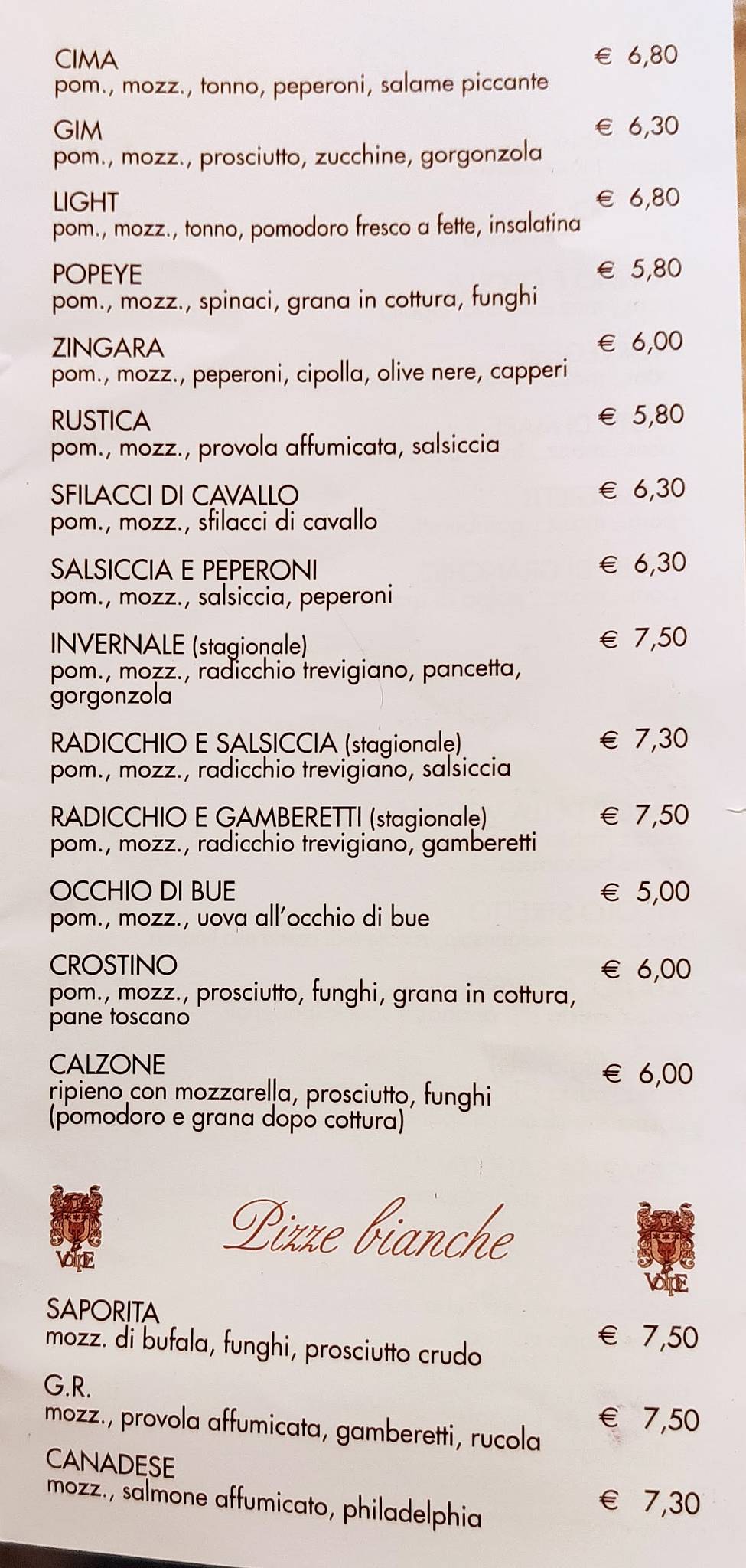 Menu di Pizzeria Da Volpe 