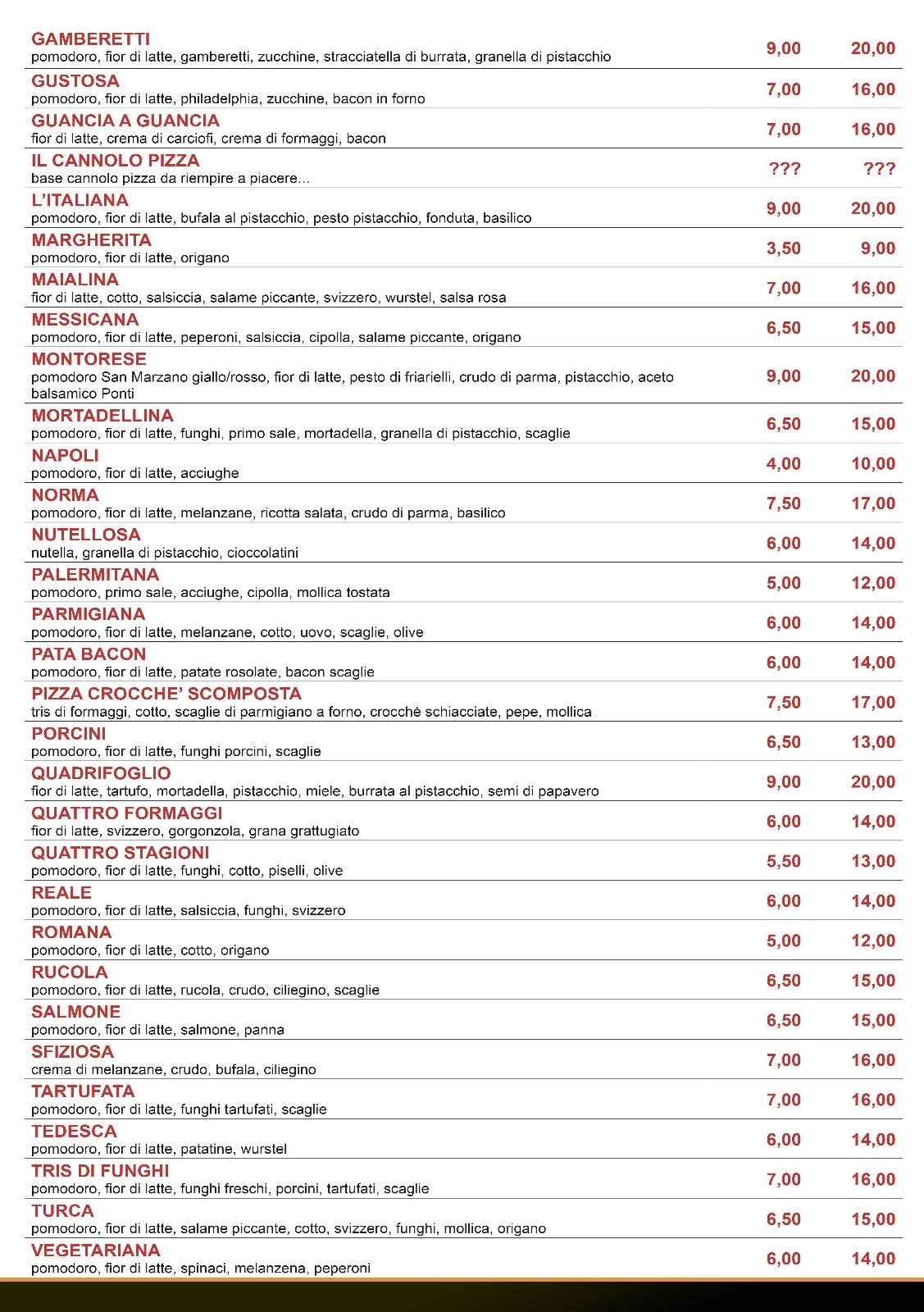 Menu di Pizzeria Dante 