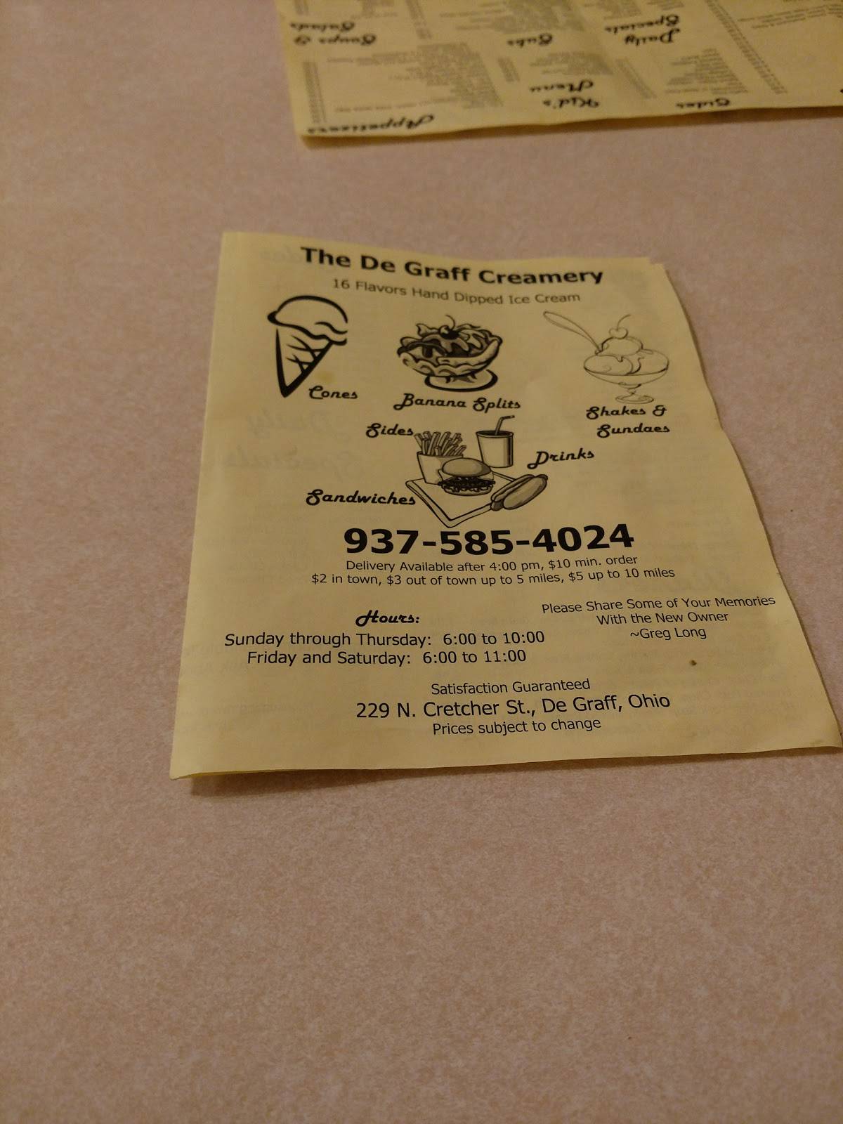 Menu at Degraff Creamery pizzeria, De Graff